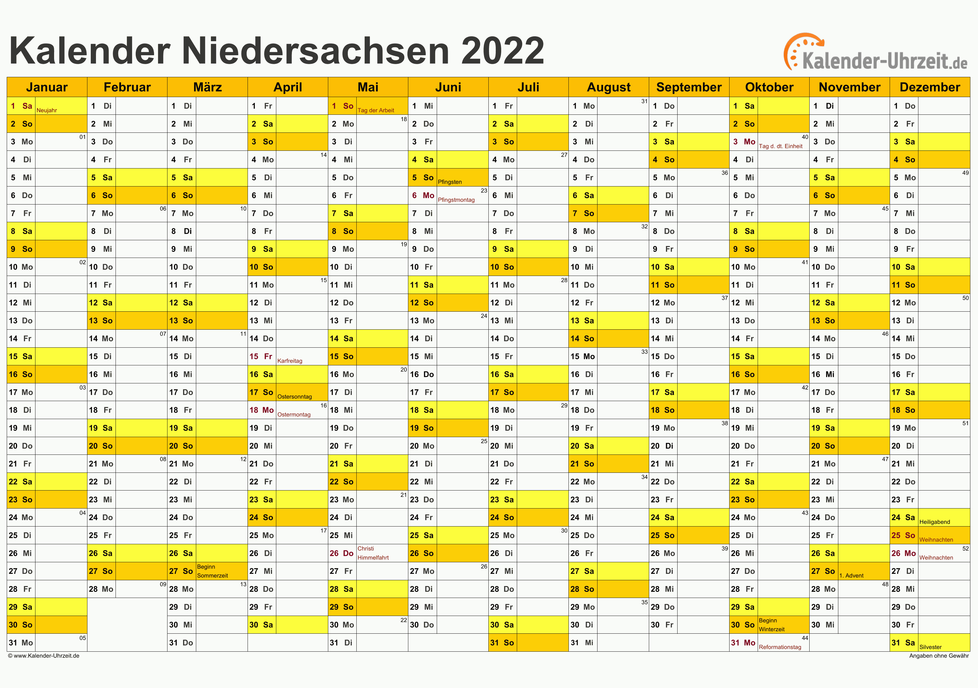 Feiertage 2022  Niedersachsen Kalender 