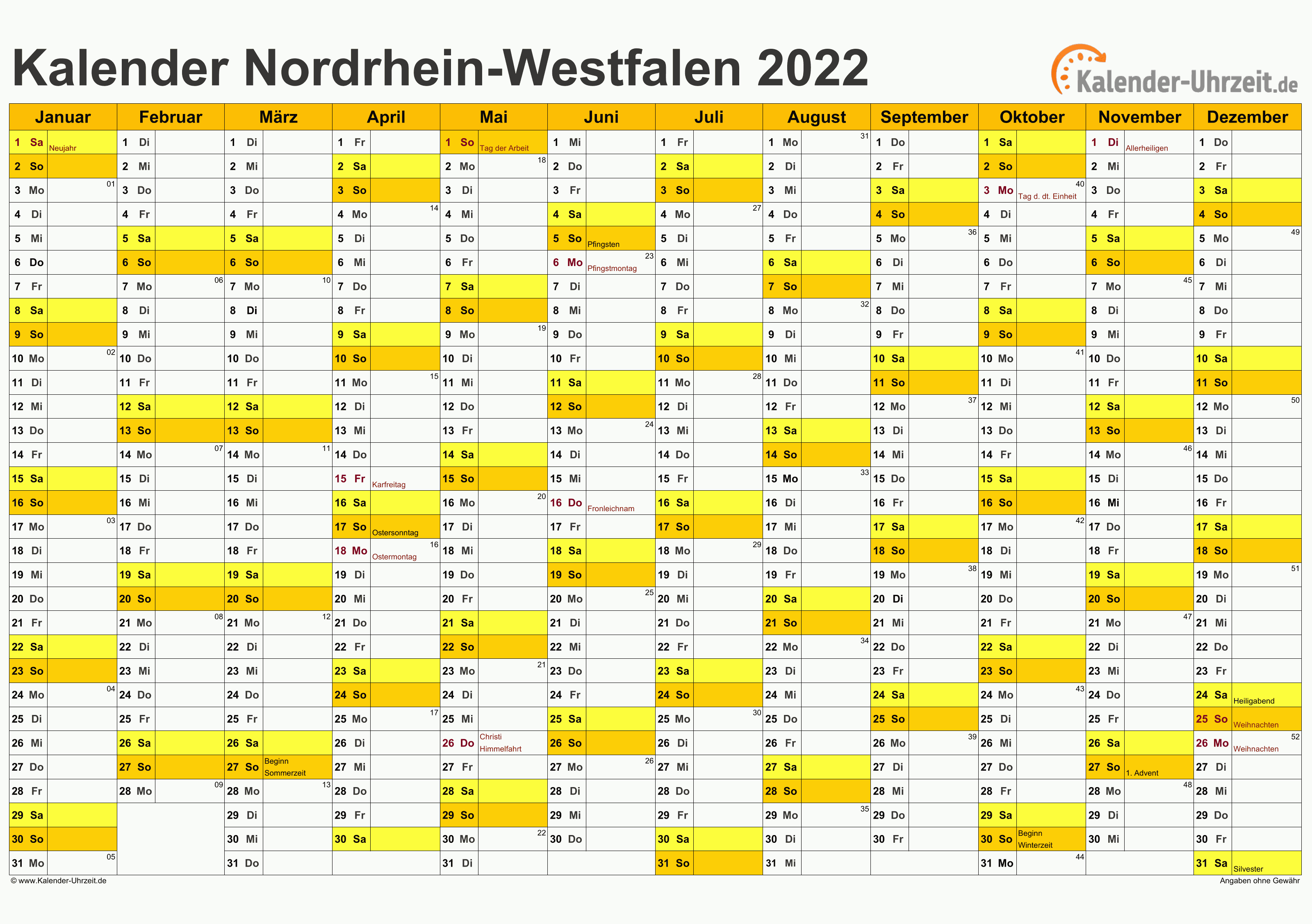 Feiertage & Kalender 2022 Nordrhein-Westfalen.