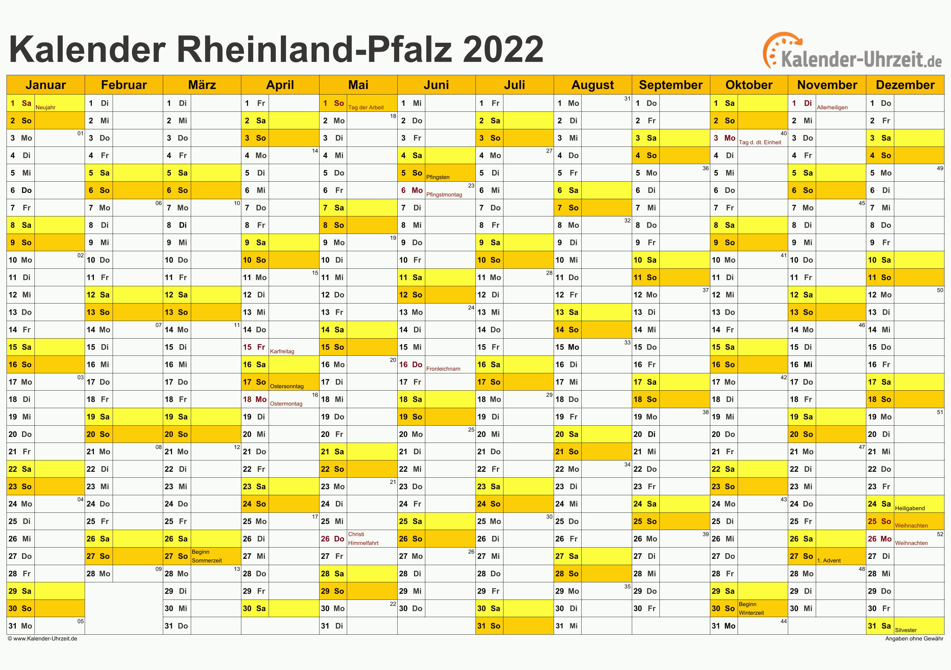 Rheinland-Pfalz Kalender 2022 mit Feiertagen - quer-einseitig