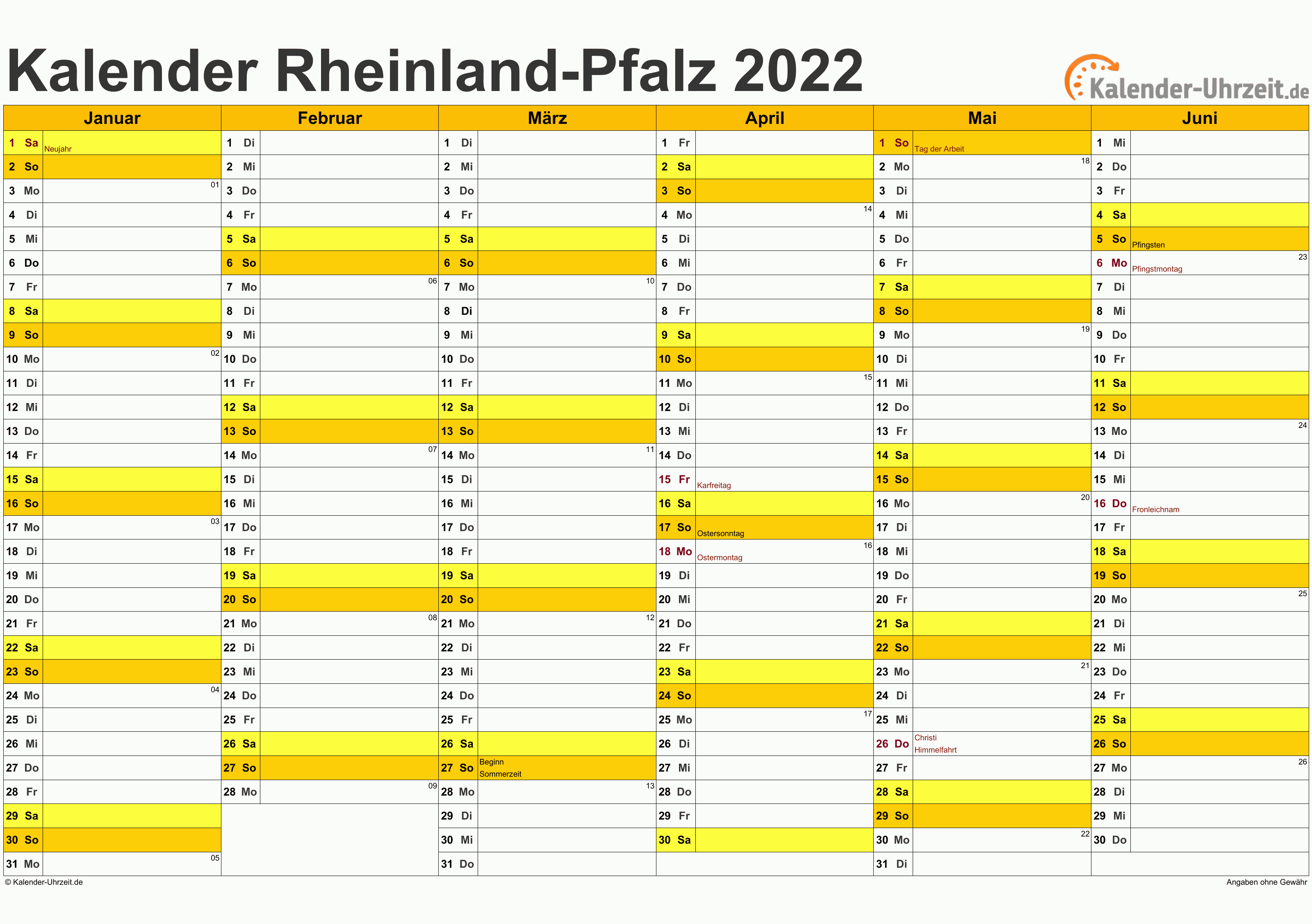 Rheinland-Pfalz Kalender 2022 - A4 quer-zweiseitig Rheinland-Pfalz Kalender 2022 mit Feiertagen - quer-zweiseitig