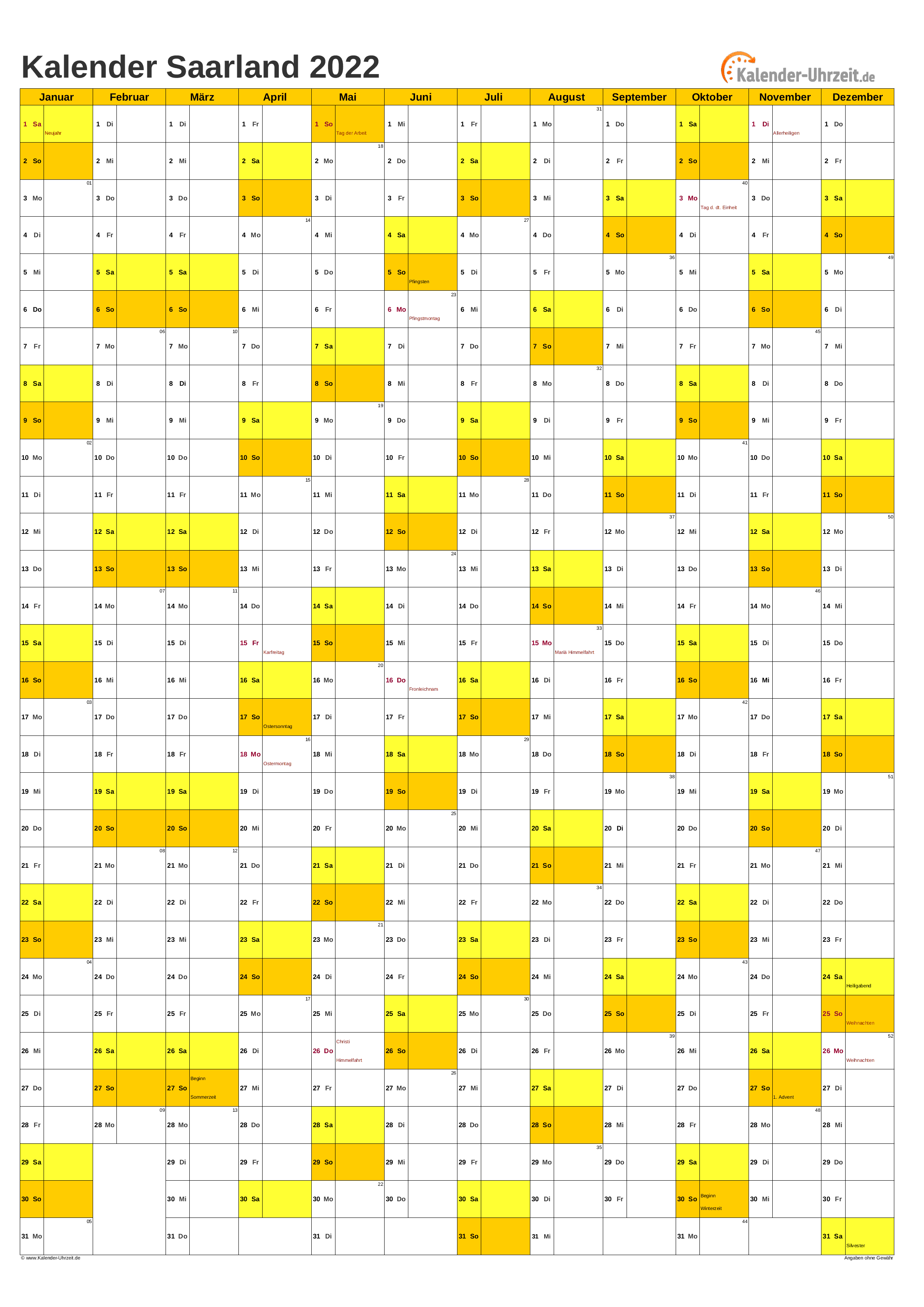Saarland Kalender 2022 - A4 hoch-einseitig Saarland Kalender 2022 mit Feiertagen - hoch-einseitig