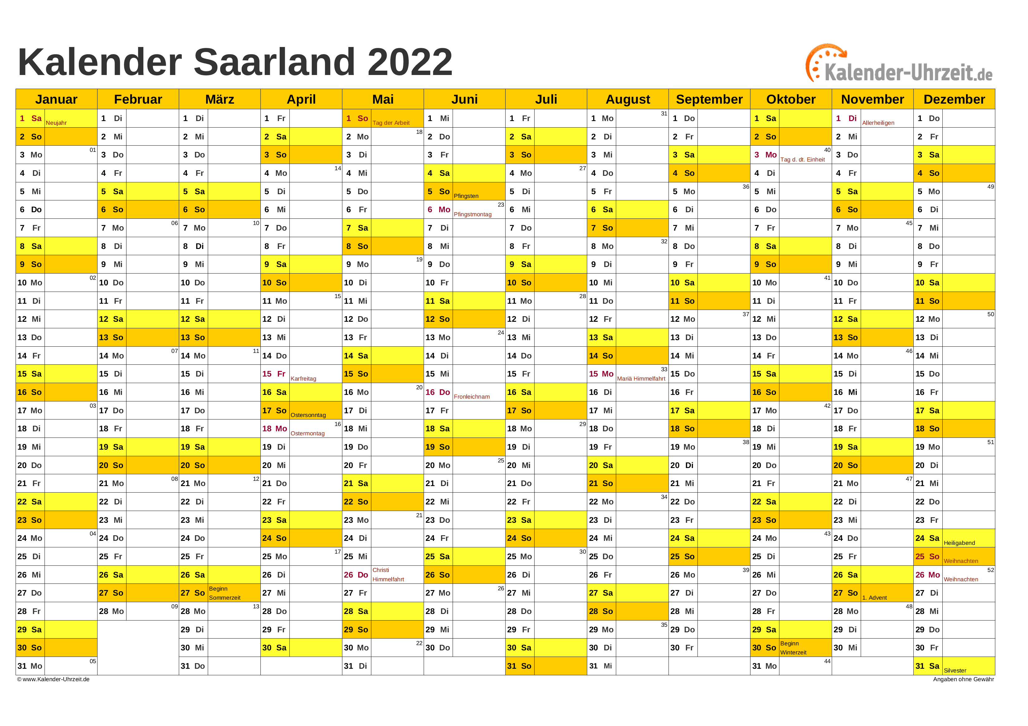Saarland Kalender 2022 mit Feiertagen - quer-einseitig