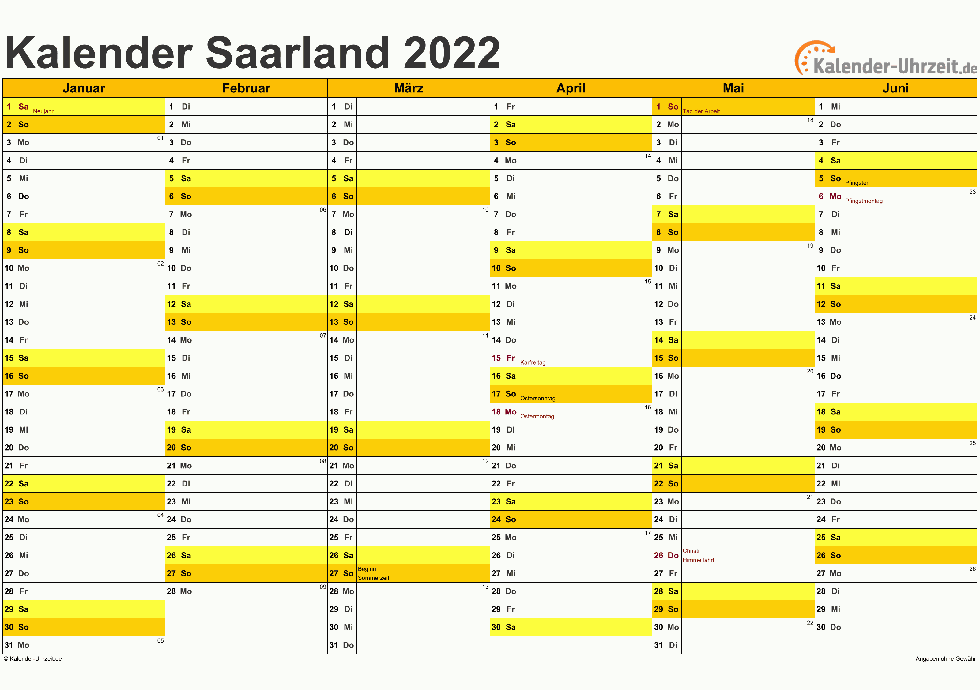 Saarland Kalender 2022 mit Feiertagen - quer-zweiseitig