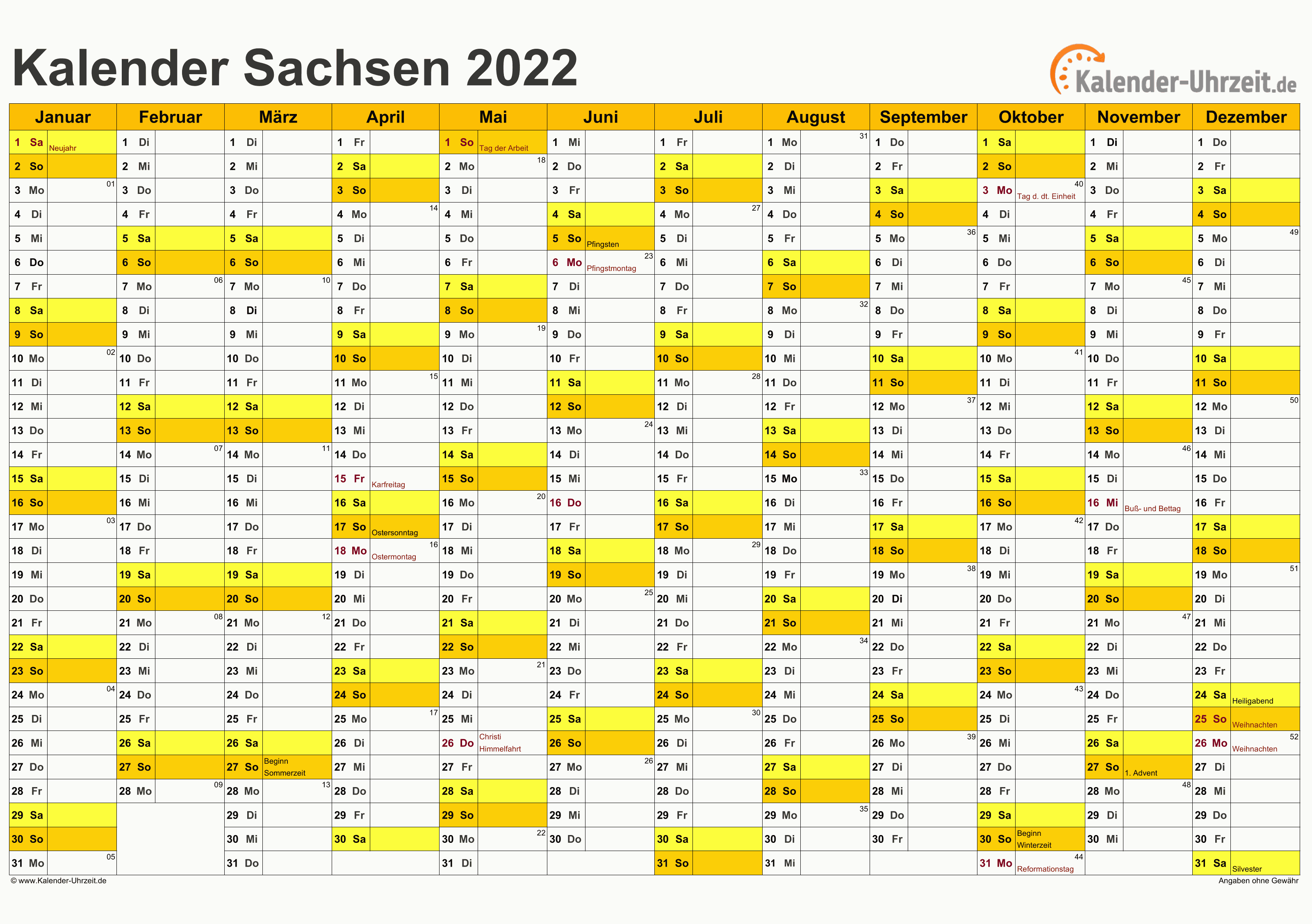 Sachsen Kalender 2022 mit Feiertagen - quer-einseitig