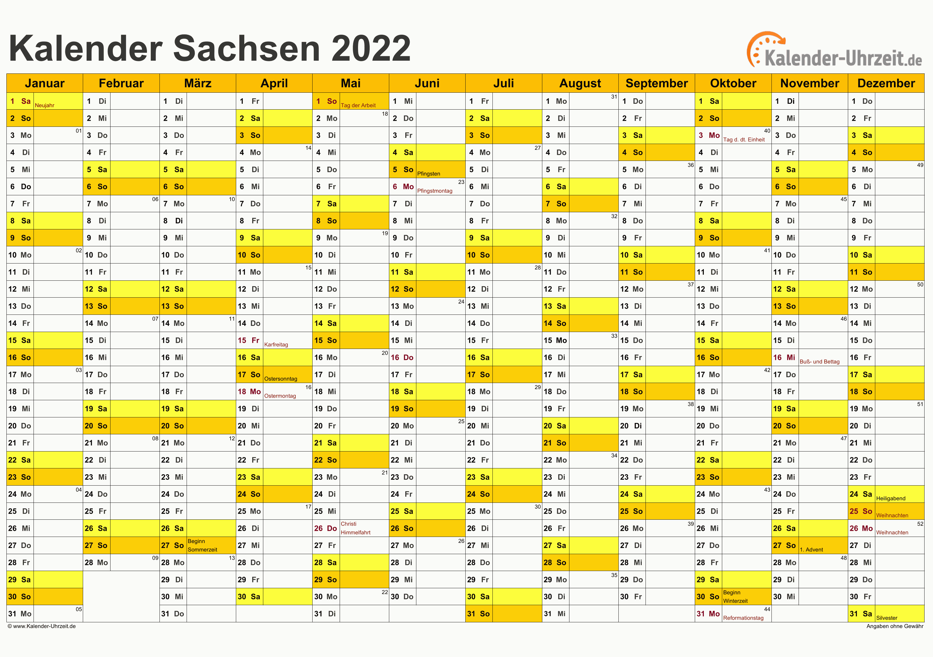Sachsen Kalender 2022 - A4 quer-einseitig Sachsen Kalender 2022 mit Feiertagen - quer-einseitig