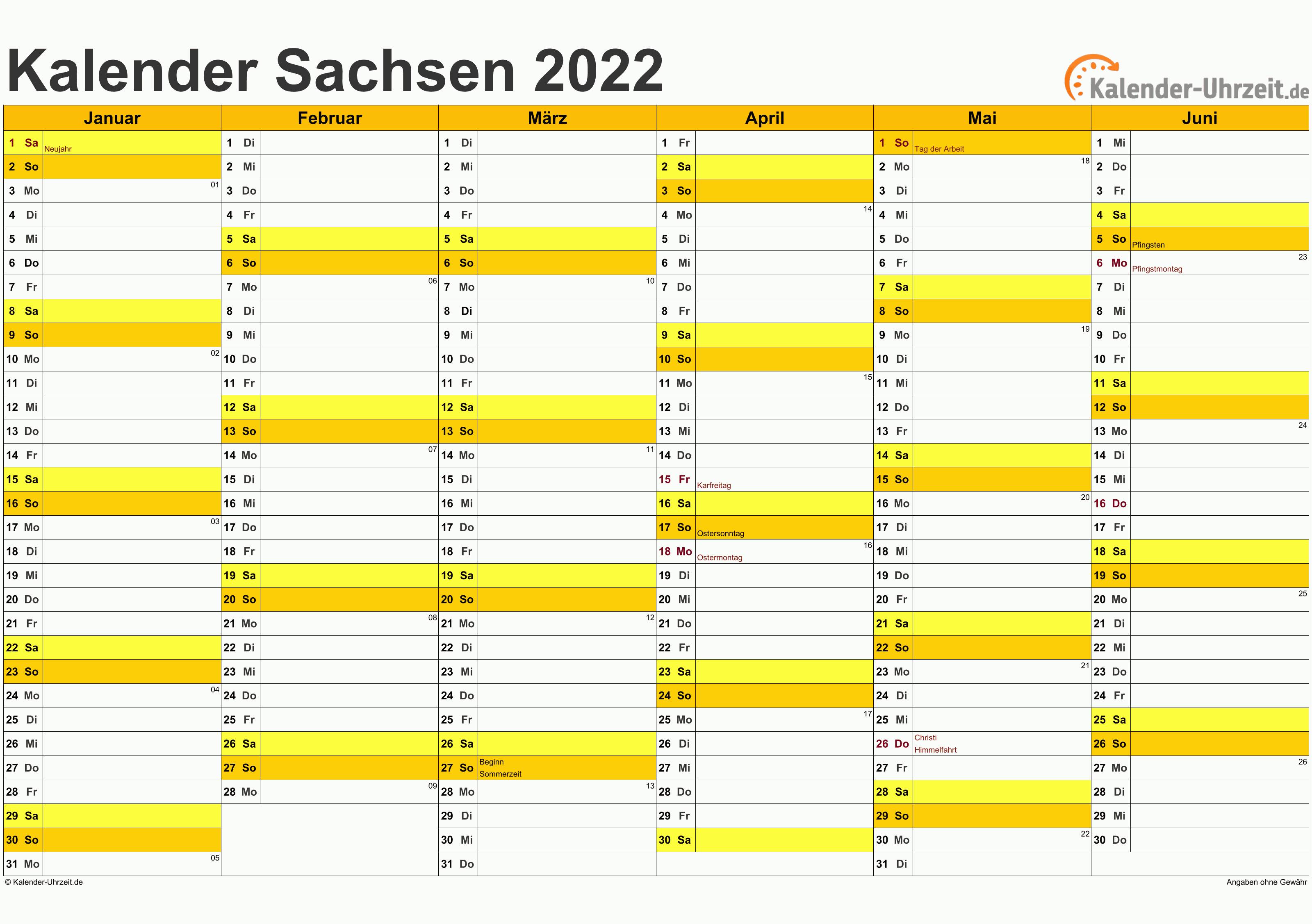 Sachsen Kalender 2022 mit Feiertagen - quer-zweiseitig
