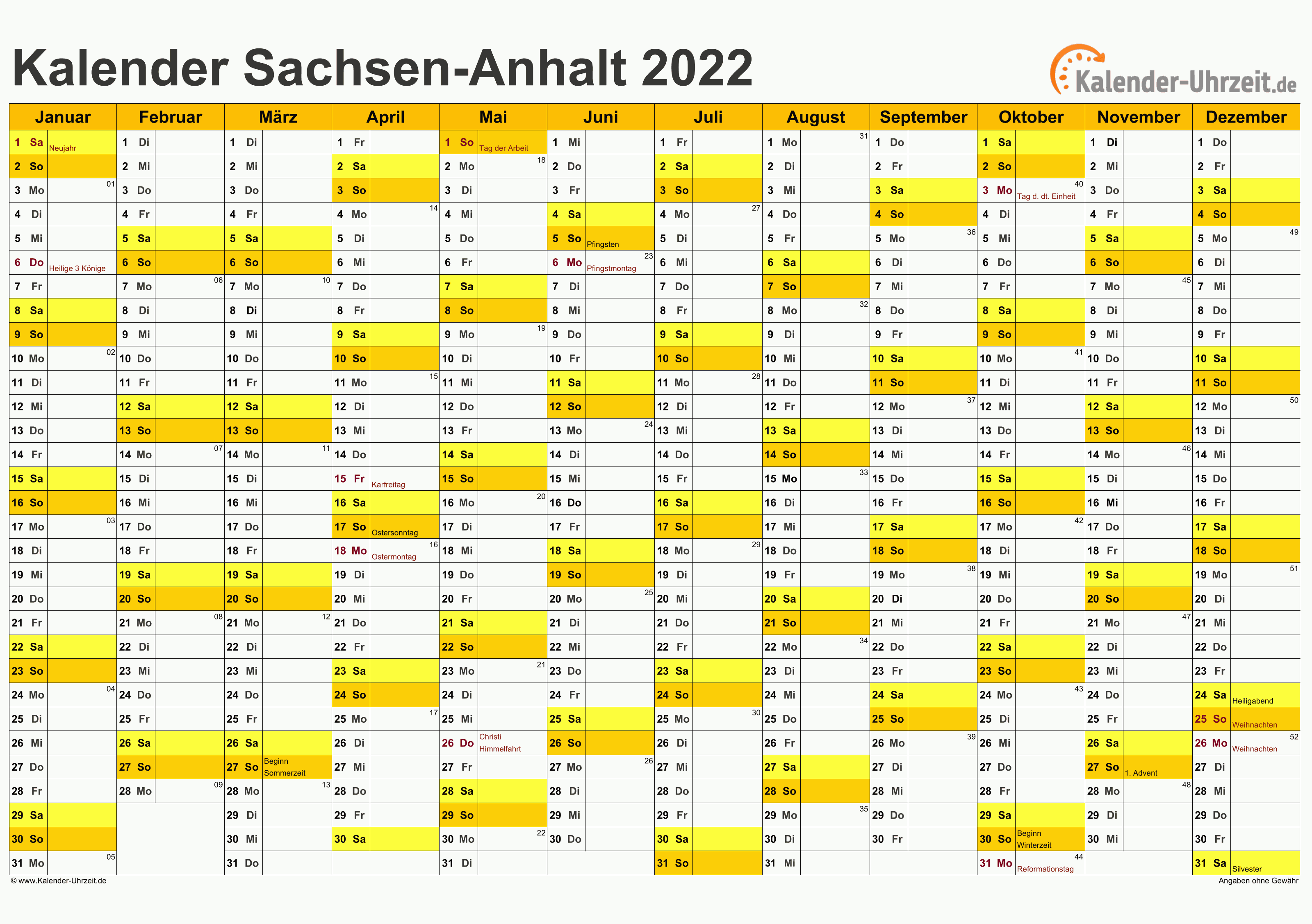 Sachsen-Anhalt Kalender 2022 mit Feiertagen - quer-einseitig
