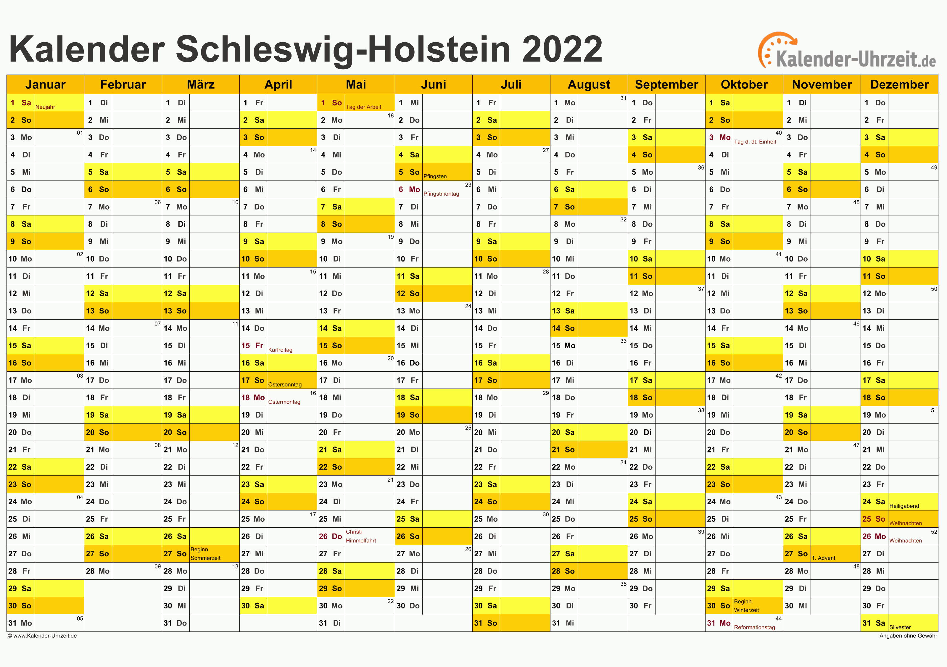 Schleswig-Holstein Kalender 2022 mit Feiertagen - quer-einseitig