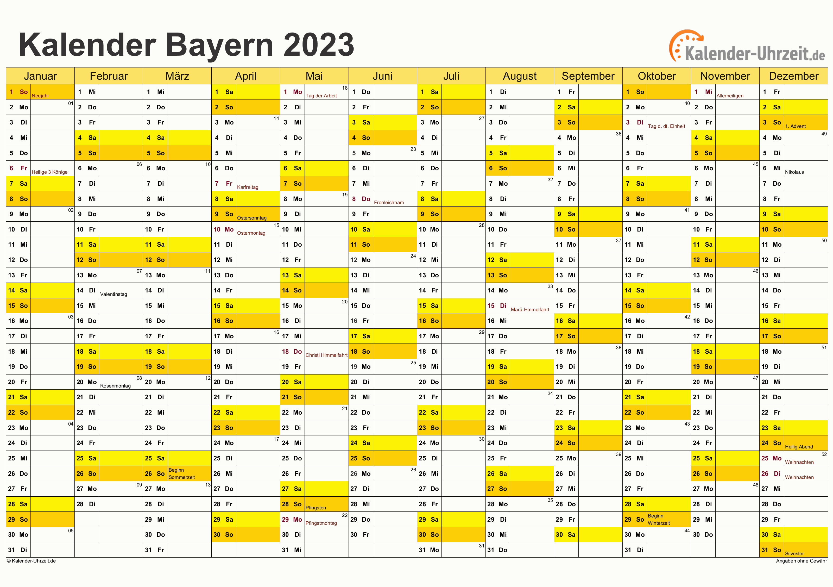 Bayern Kalender 2023 mit Feiertagen - quer-einseitig