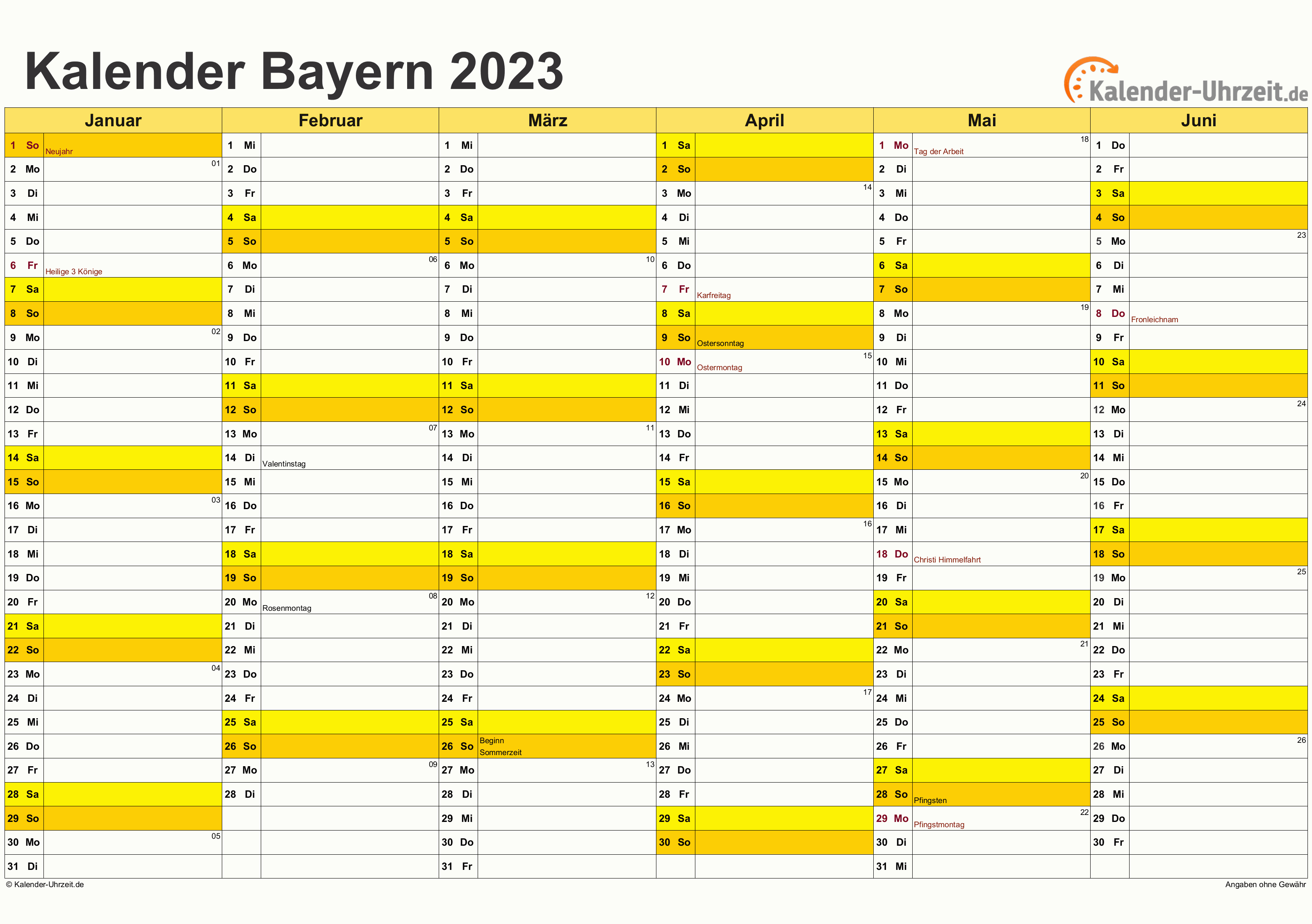 Bayern Kalender 2023 mit Feiertagen - quer-zweiseitig