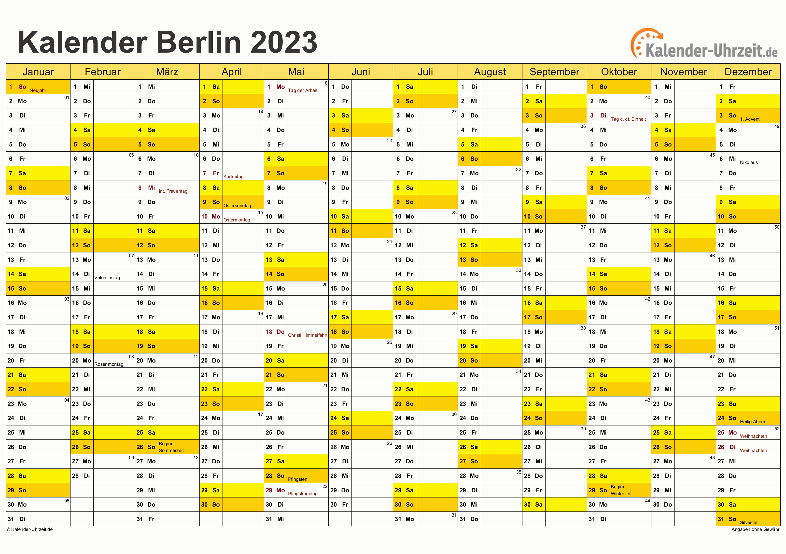 Berlin Kalender 2023 mit Feiertagen - quer-einseitig