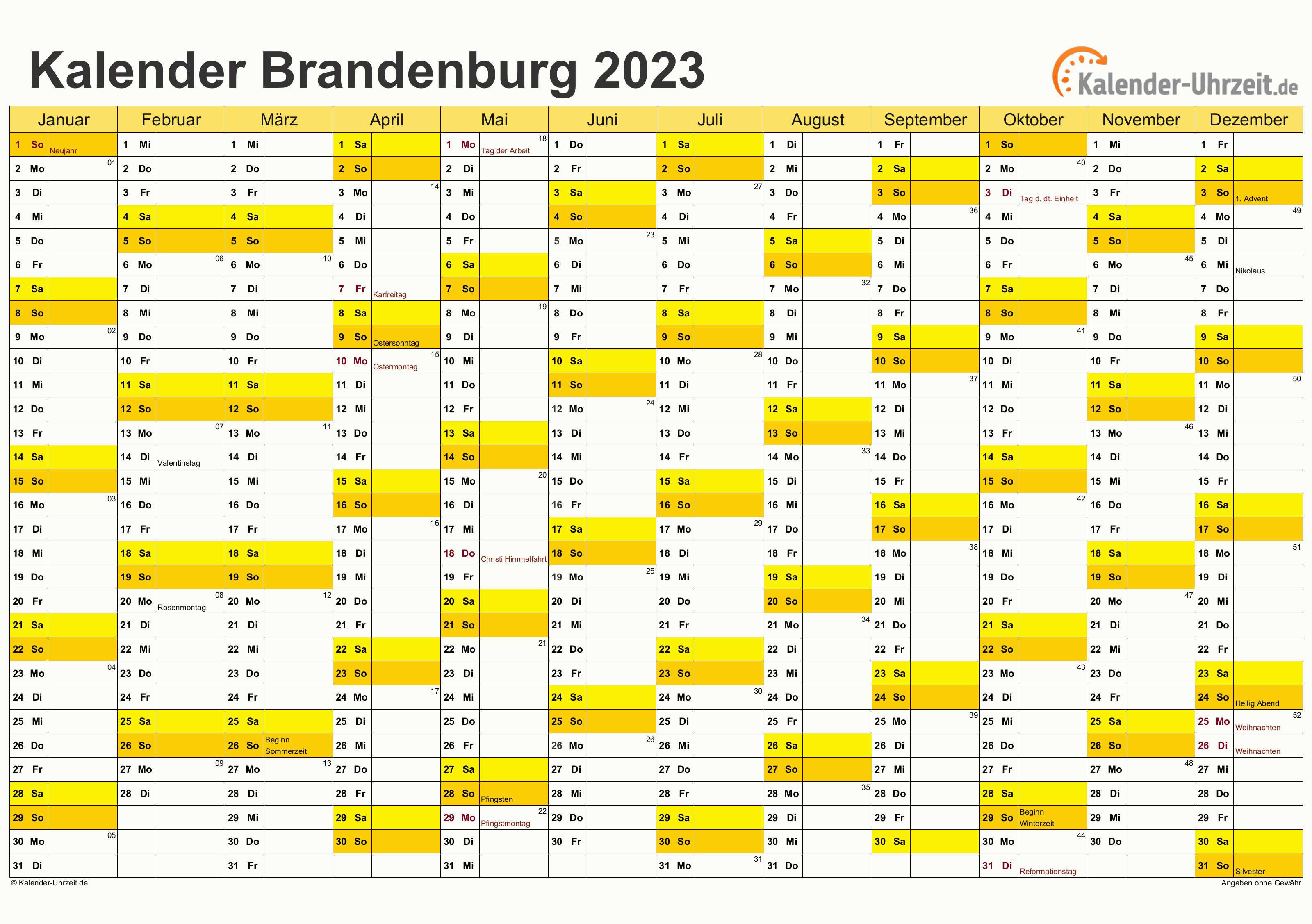 Brandenburg Kalender 2023 - A4 quer-einseitig Brandenburg Kalender 2023 mit Feiertagen - quer-einseitig