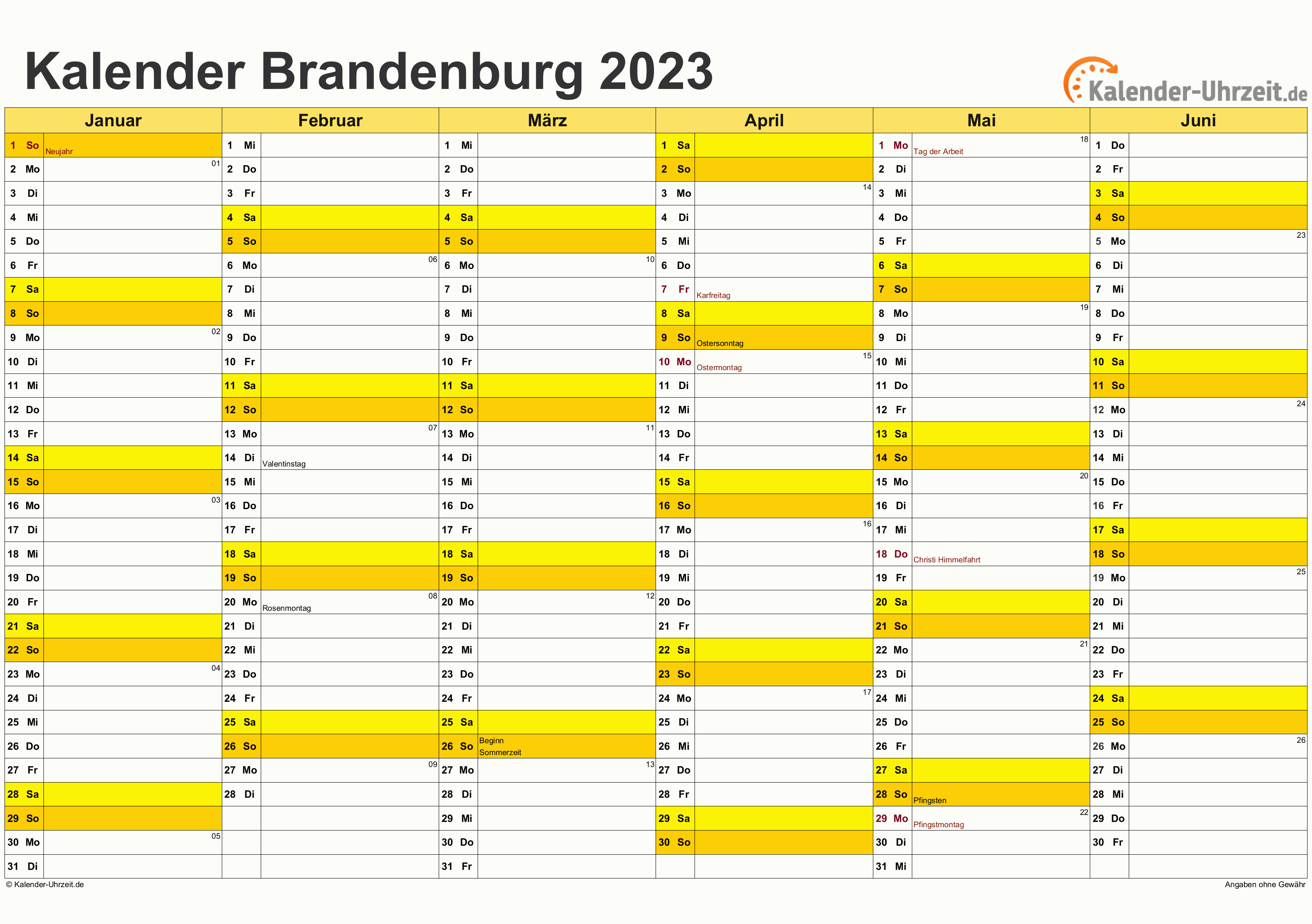 Brandenburg Kalender 2023 mit Feiertagen - quer-zweiseitig