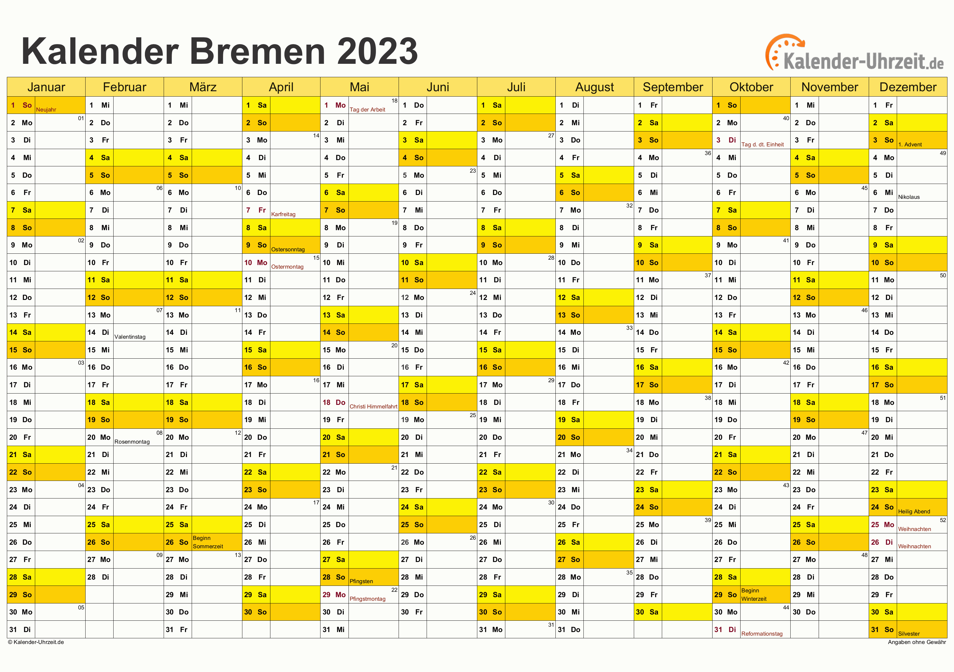Bremen Kalender 2023 mit Feiertagen - quer-einseitig