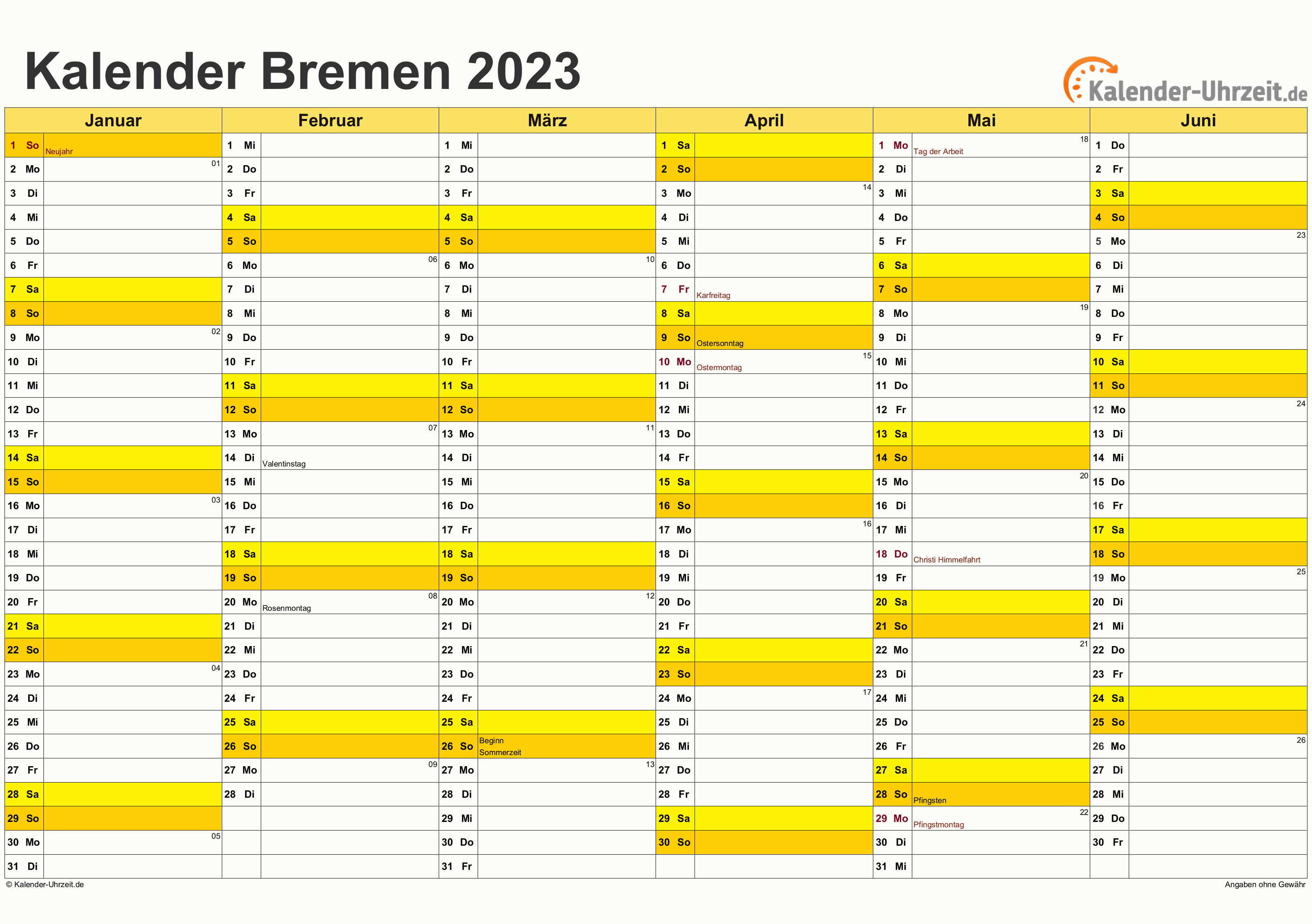 Bremen Kalender 2023 mit Feiertagen - quer-zweiseitig