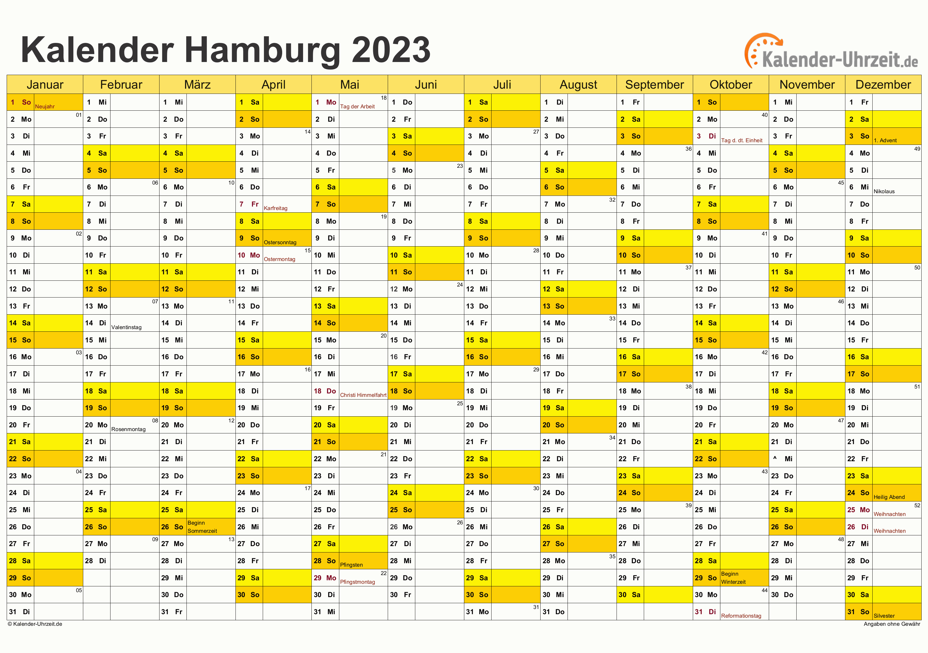 Hamburg Kalender 2023 - A4 quer-einseitig Hamburg Kalender 2023 mit Feiertagen - quer-einseitig