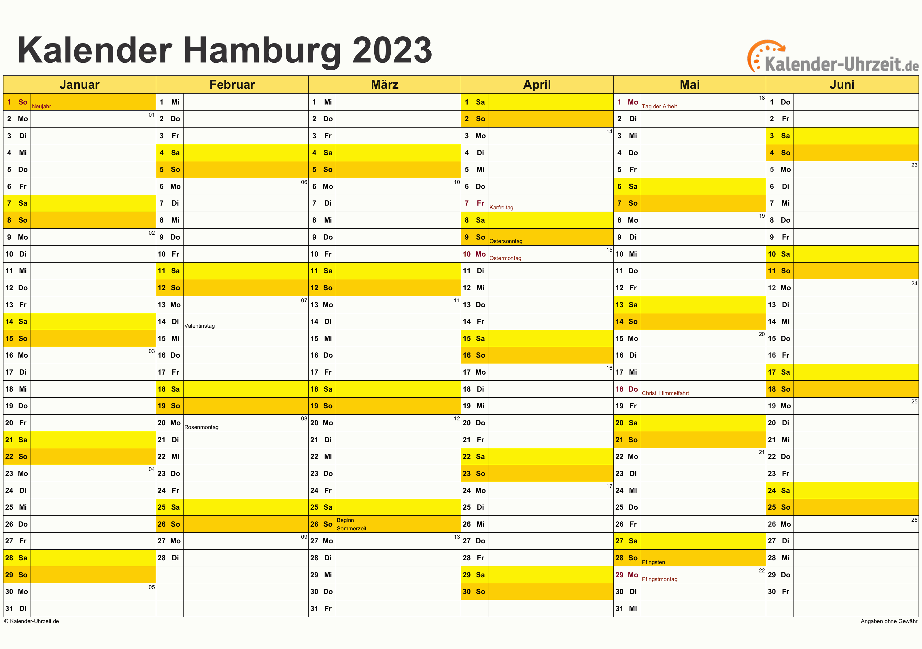 Hamburg Kalender 2023 - A4 quer-zweiseitig Hamburg Kalender 2023 mit Feiertagen - quer-zweiseitig