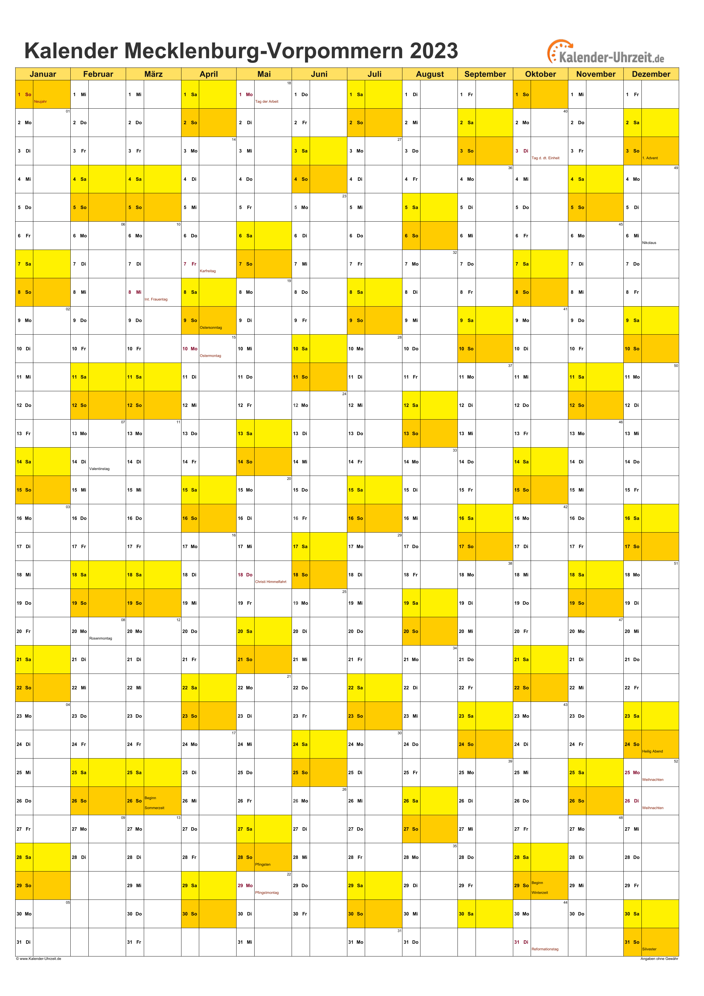 Meck.-Pomm. Kalender 2023 - A4 hoch-einseitig Meck.-Pomm. Kalender 2023 mit Feiertagen - hoch-einseitig