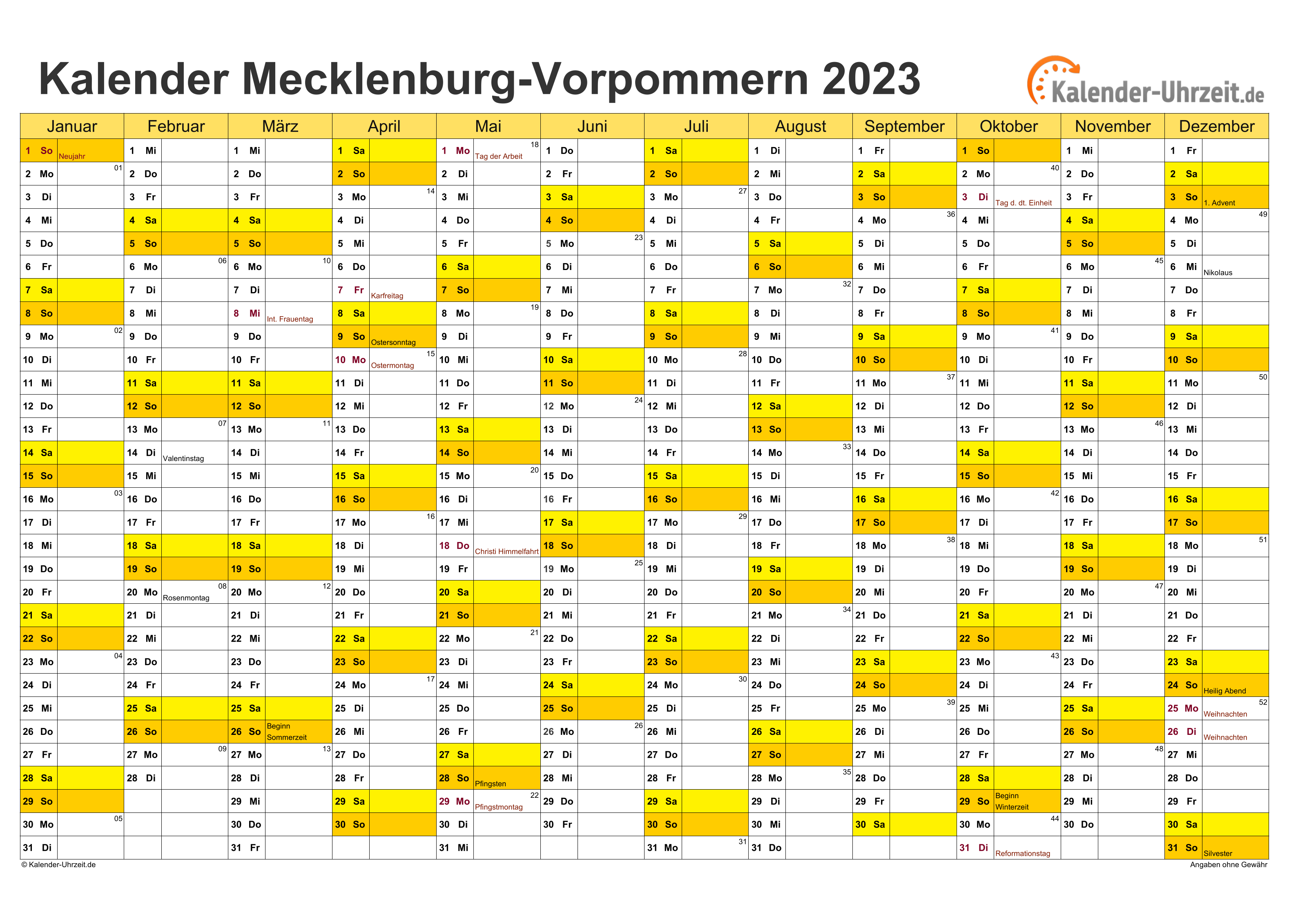 Meck.-Pomm. Kalender 2023 - A4 quer-einseitig Meck.-Pomm. Kalender 2023 mit Feiertagen - quer-einseitig