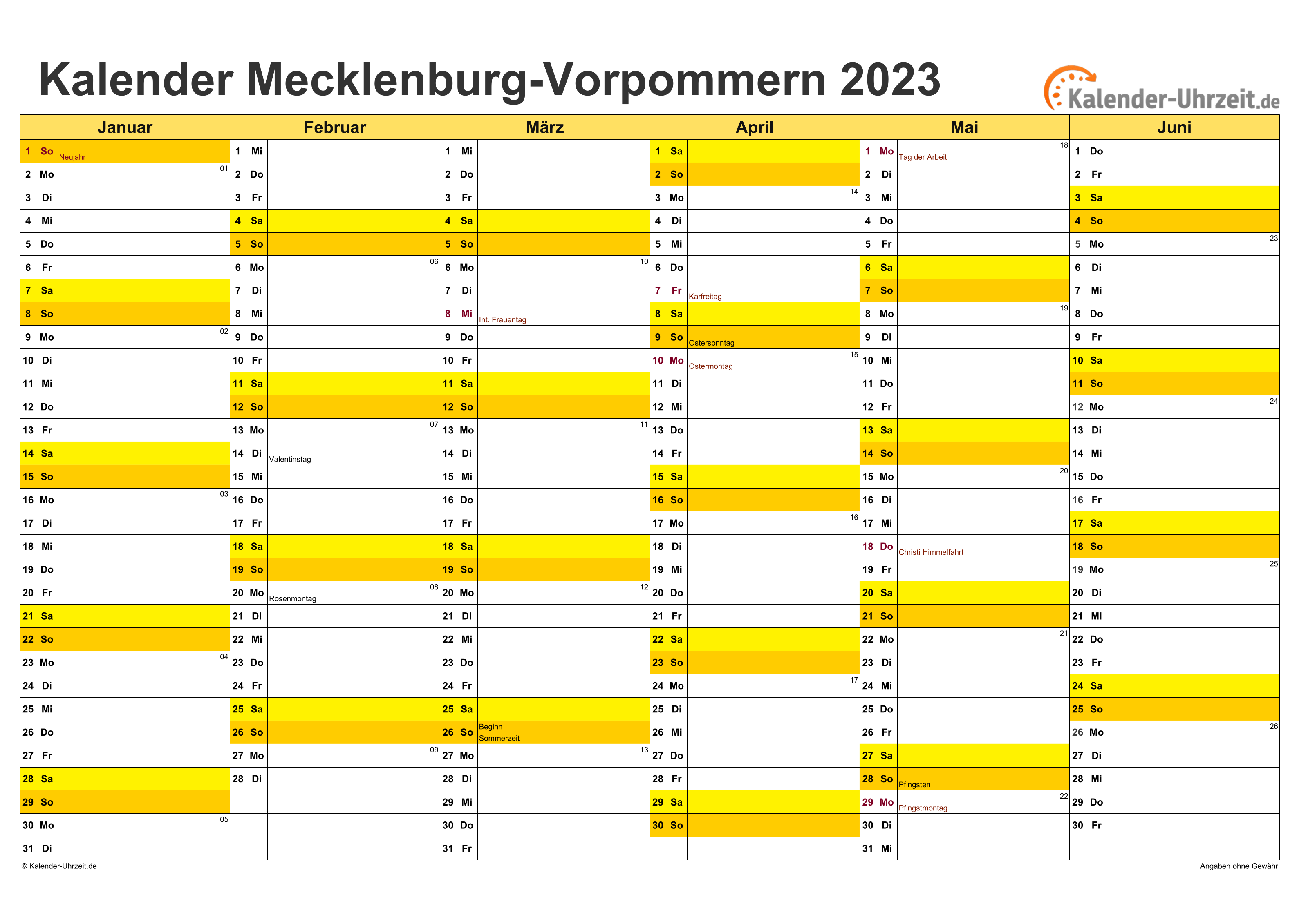 Meck.-Pomm. Kalender 2023 - A4 quer-zweiseitig Meck.-Pomm. Kalender 2023 mit Feiertagen - quer-zweiseitig