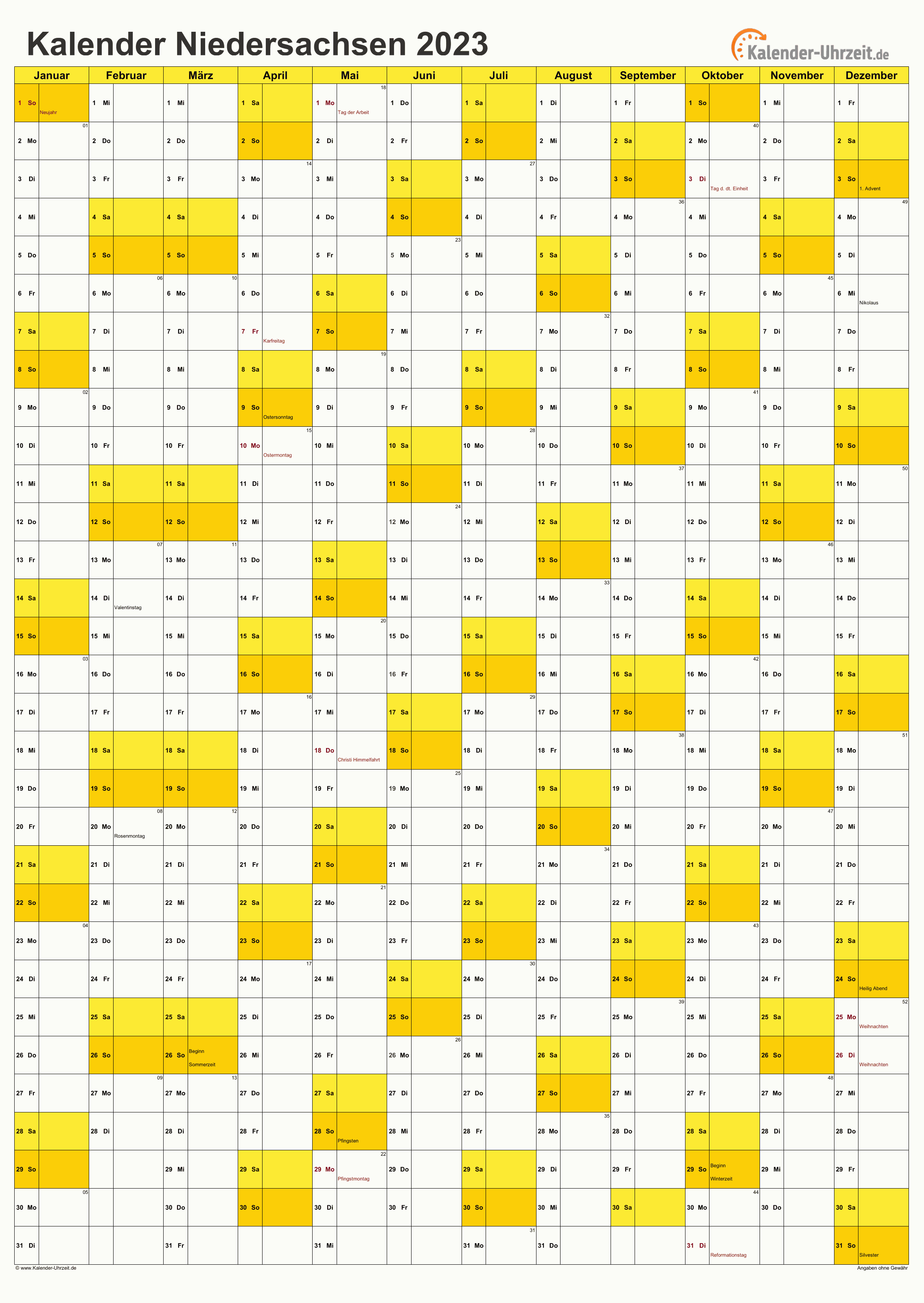 Niedersachsen Kalender 2023 mit Feiertagen - hoch-einseitig