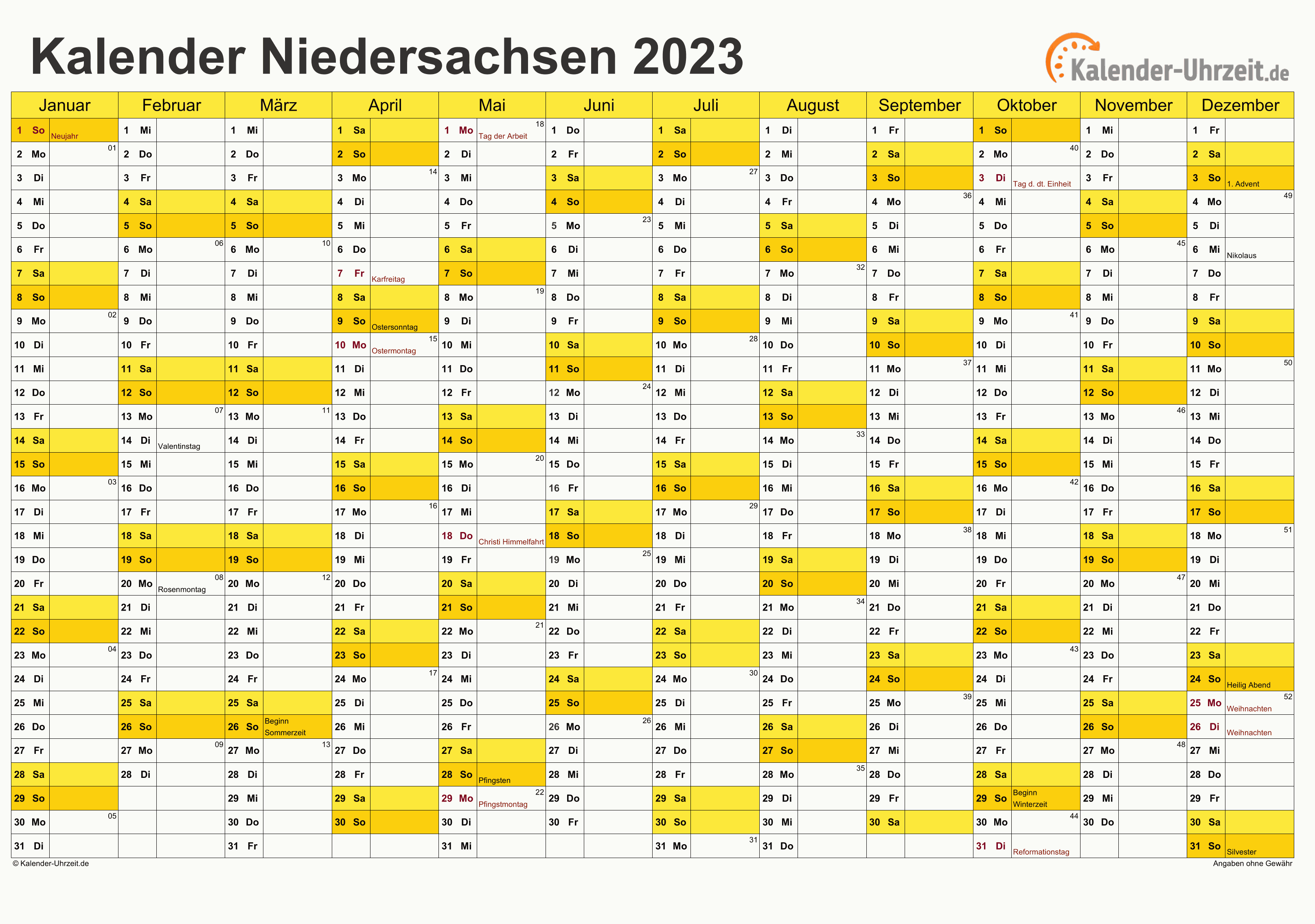 Niedersachsen Kalender 2023 mit Feiertagen - quer-einseitig