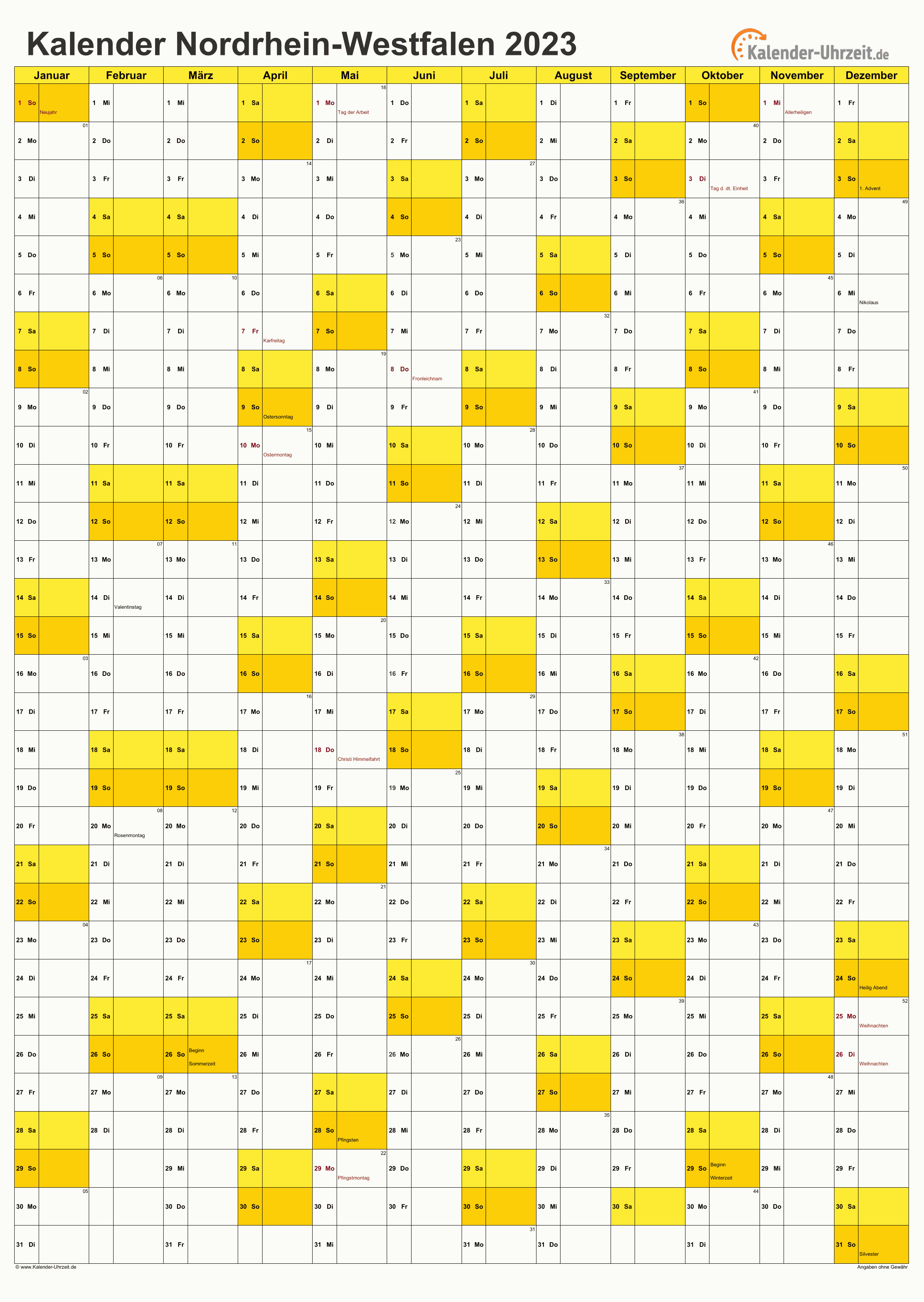 Nordrhein-Westfalen Kalender 2023 - A4 hoch-einseitig Nordrhein-Westfalen Kalender 2023 mit Feiertagen - hoch-einseitig