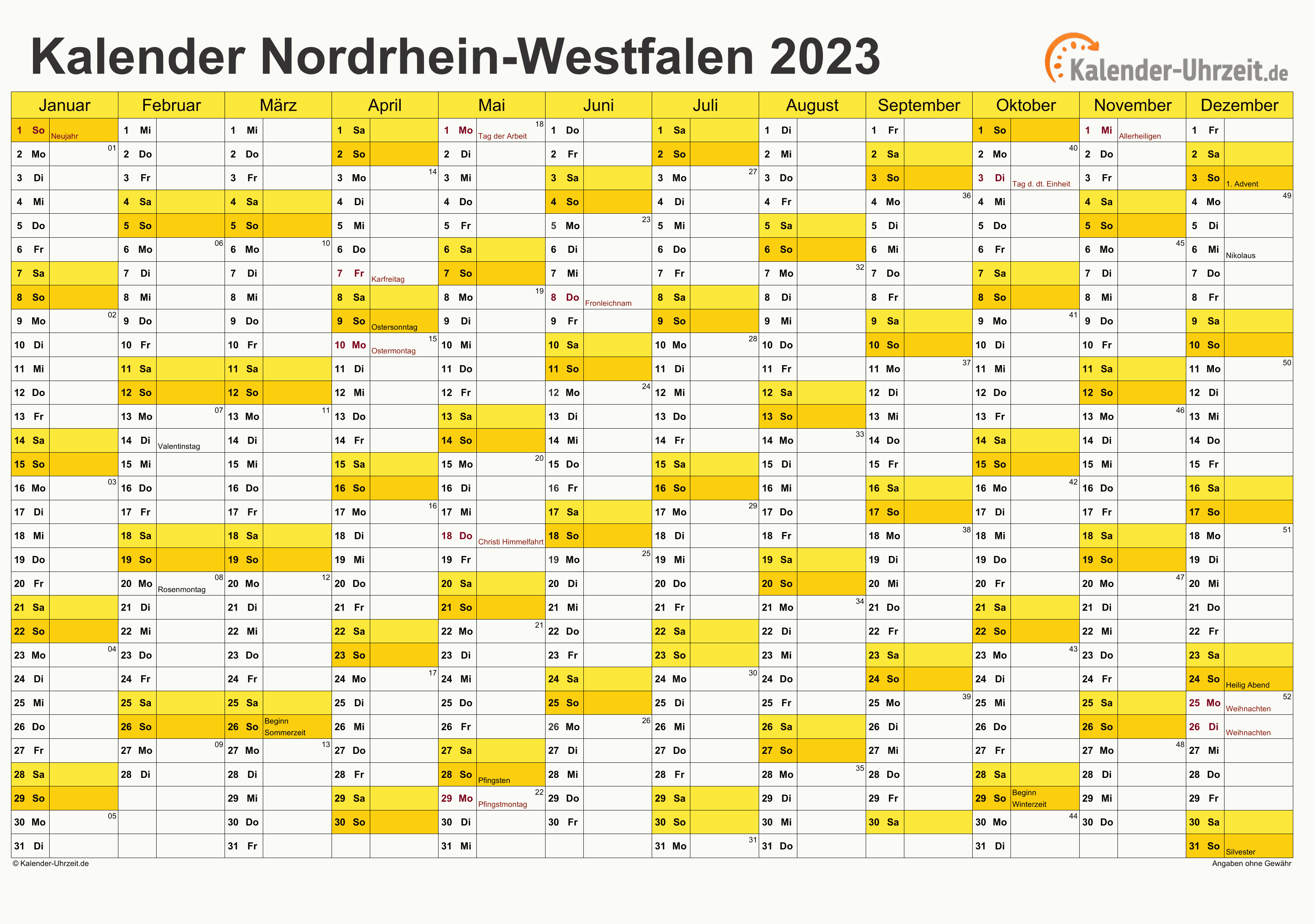 Nordrhein-Westfalen Kalender 2023 mit Feiertagen - quer-einseitig