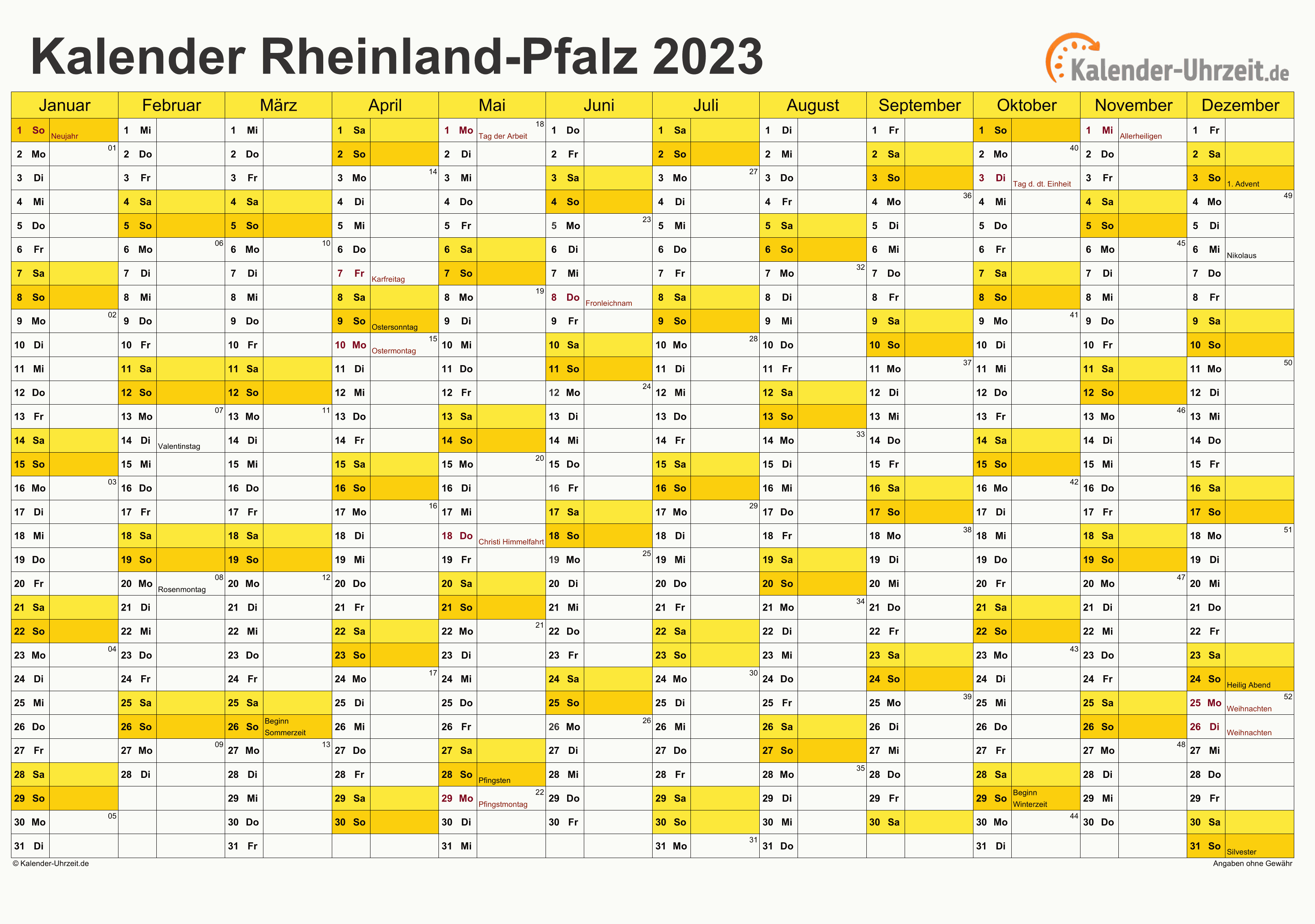 Rheinland-Pfalz Kalender 2023 - A4 quer-einseitig Rheinland-Pfalz Kalender 2023 mit Feiertagen - quer-einseitig