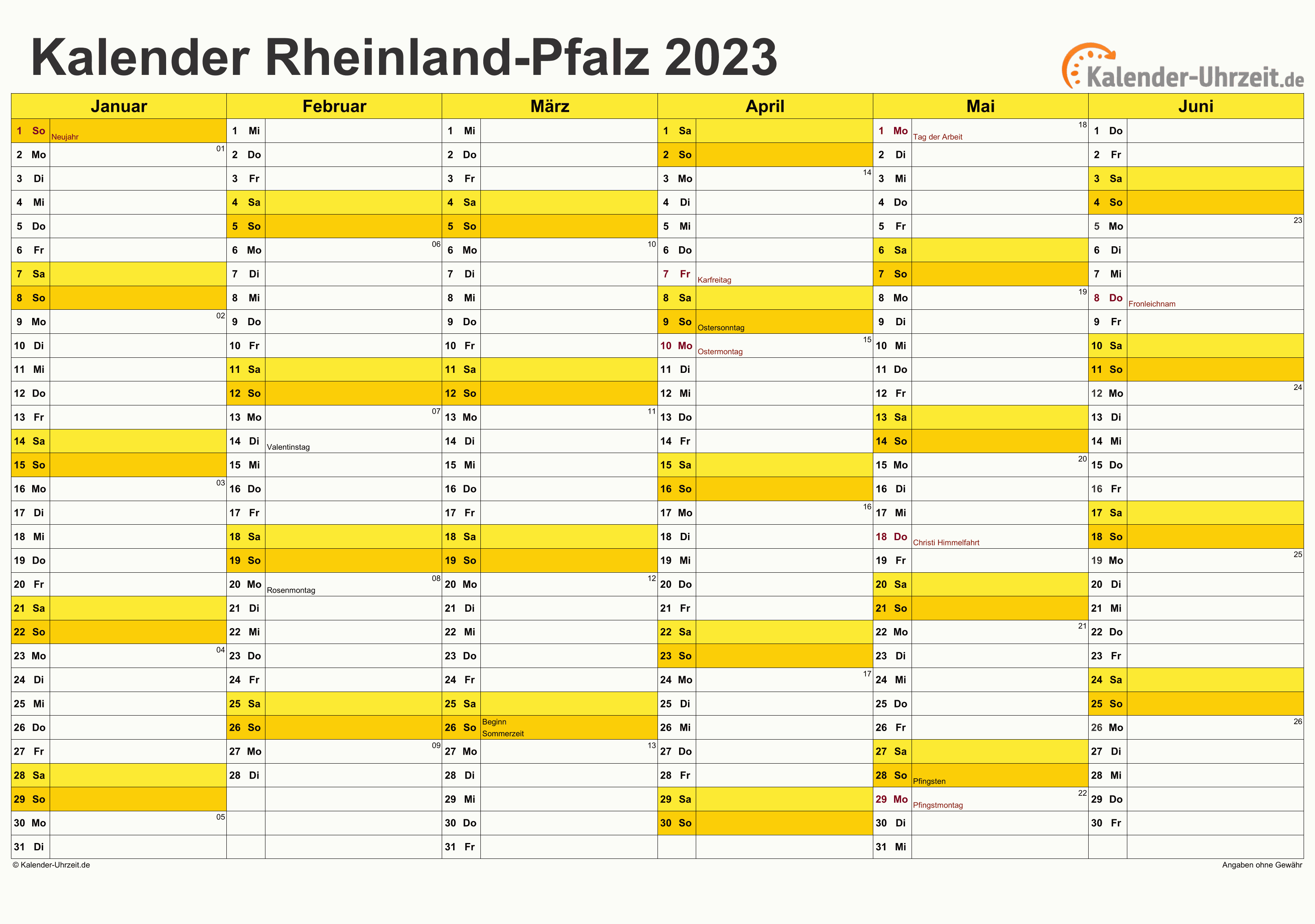 Rheinland-Pfalz Kalender 2023 mit Feiertagen - quer-zweiseitig