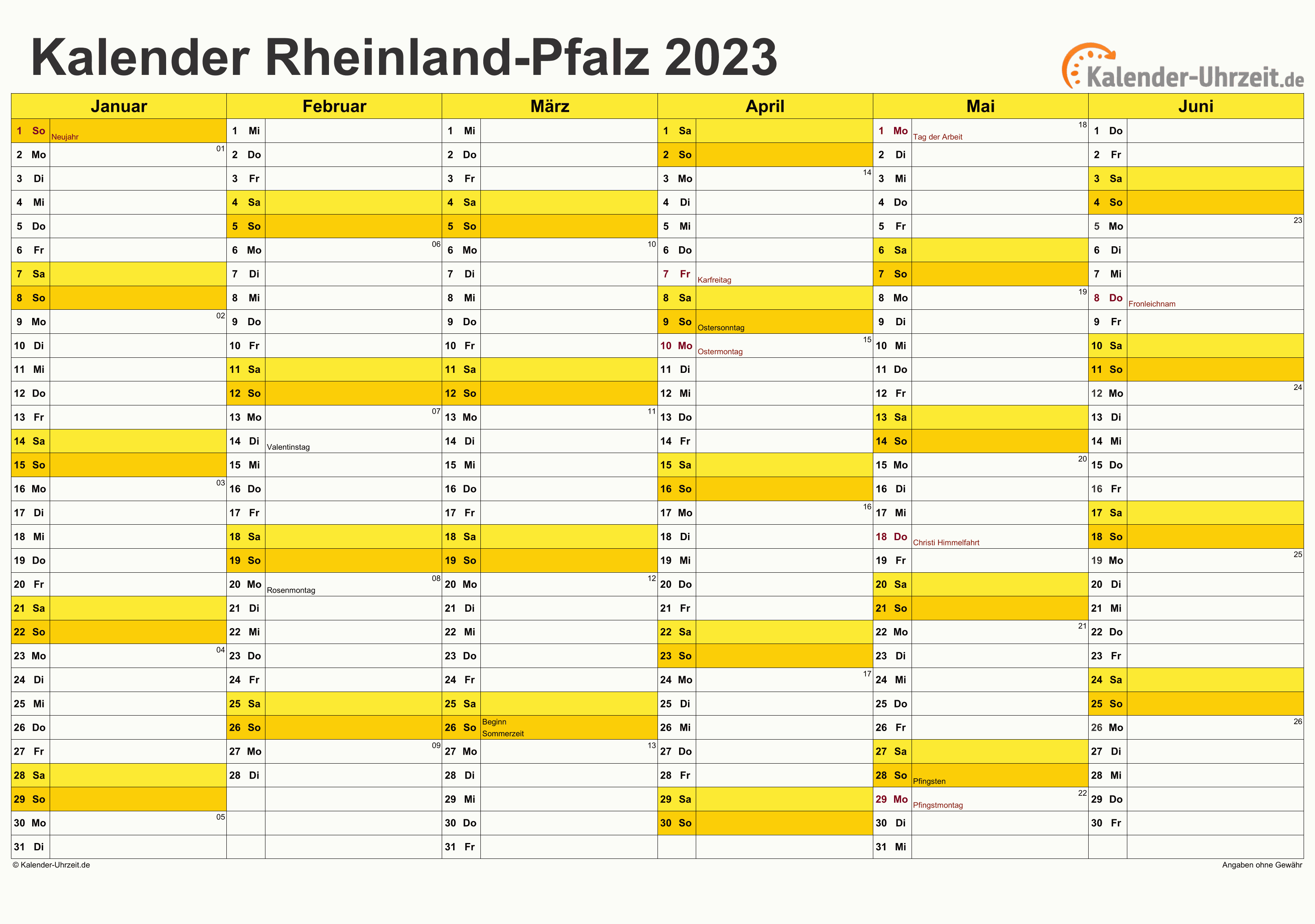 Rheinland-Pfalz Kalender 2023 - A4 quer-zweiseitig Rheinland-Pfalz Kalender 2023 mit Feiertagen - quer-zweiseitig