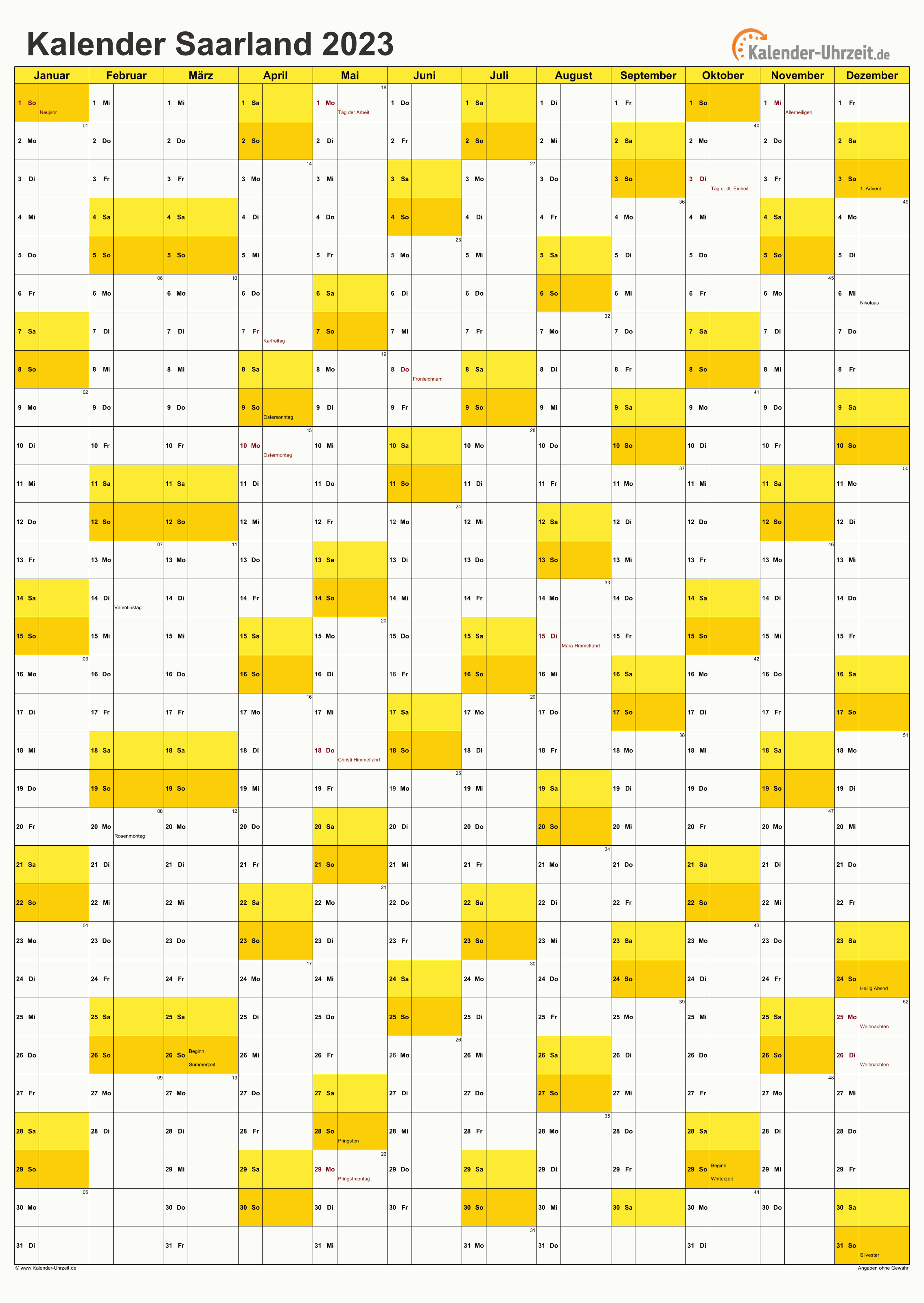 Saarland Kalender 2023 mit Feiertagen - hoch-einseitig