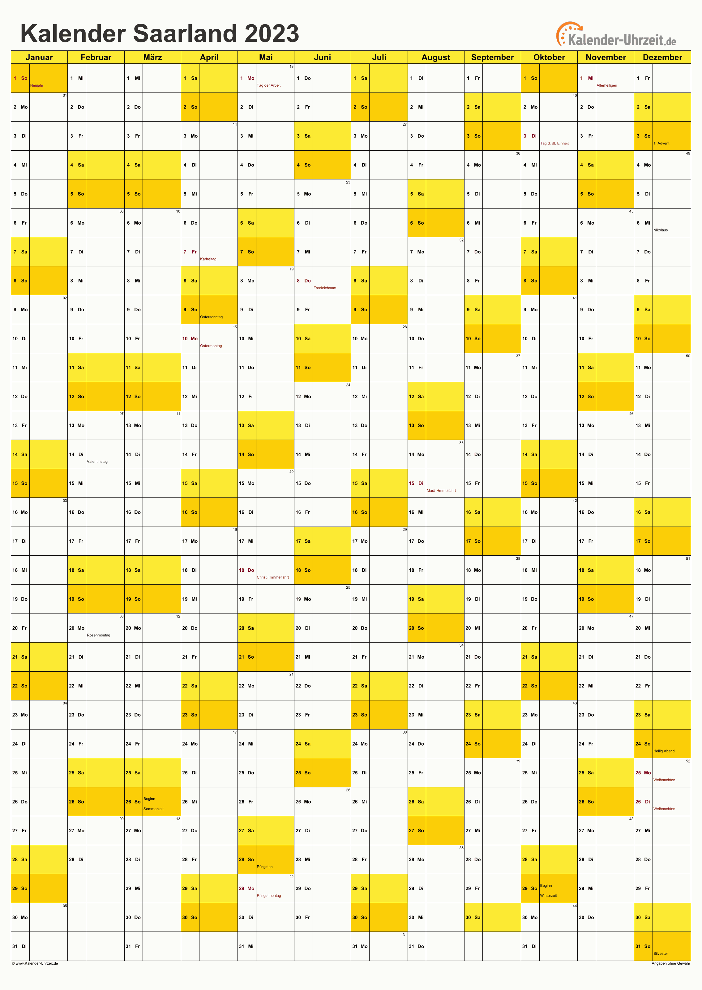 Saarland Kalender 2023 - A4 hoch-einseitig Saarland Kalender 2023 mit Feiertagen - hoch-einseitig
