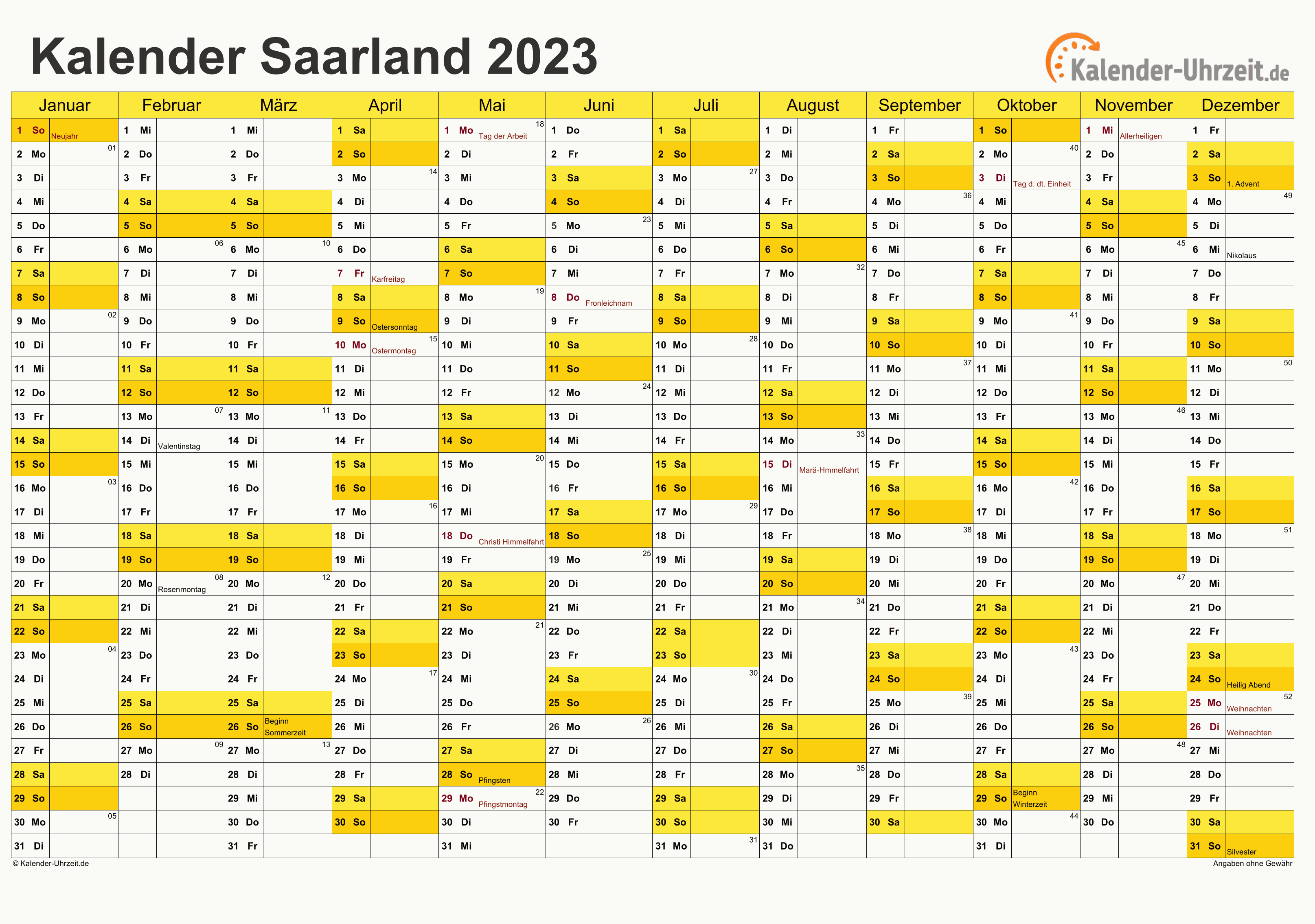 Saarland Kalender 2023 mit Feiertagen - quer-einseitig