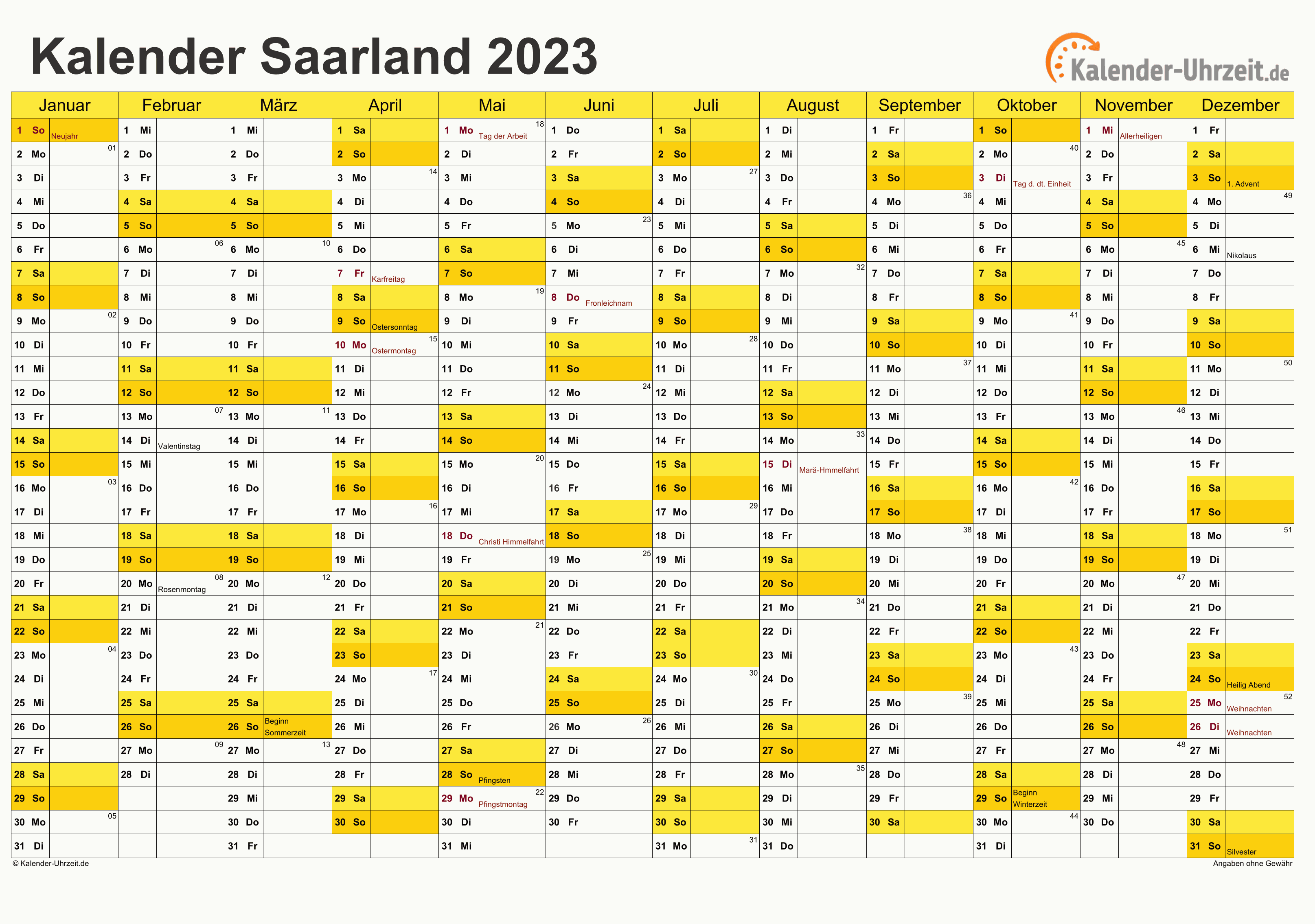 Saarland Kalender 2023 - A4 quer-einseitig Saarland Kalender 2023 mit Feiertagen - quer-einseitig