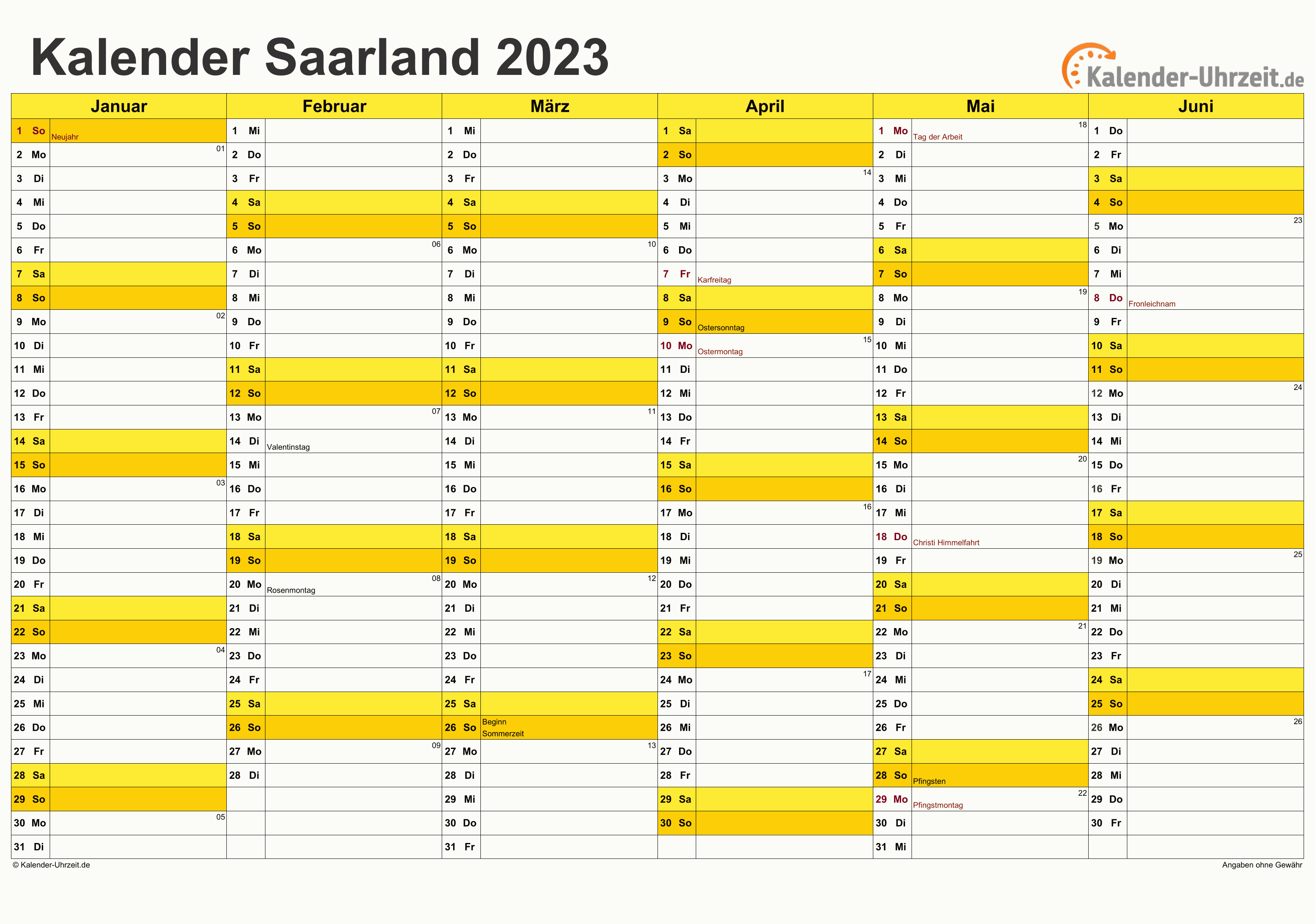 Saarland Kalender 2023 - A4 quer-zweiseitig Saarland Kalender 2023 mit Feiertagen - quer-zweiseitig
