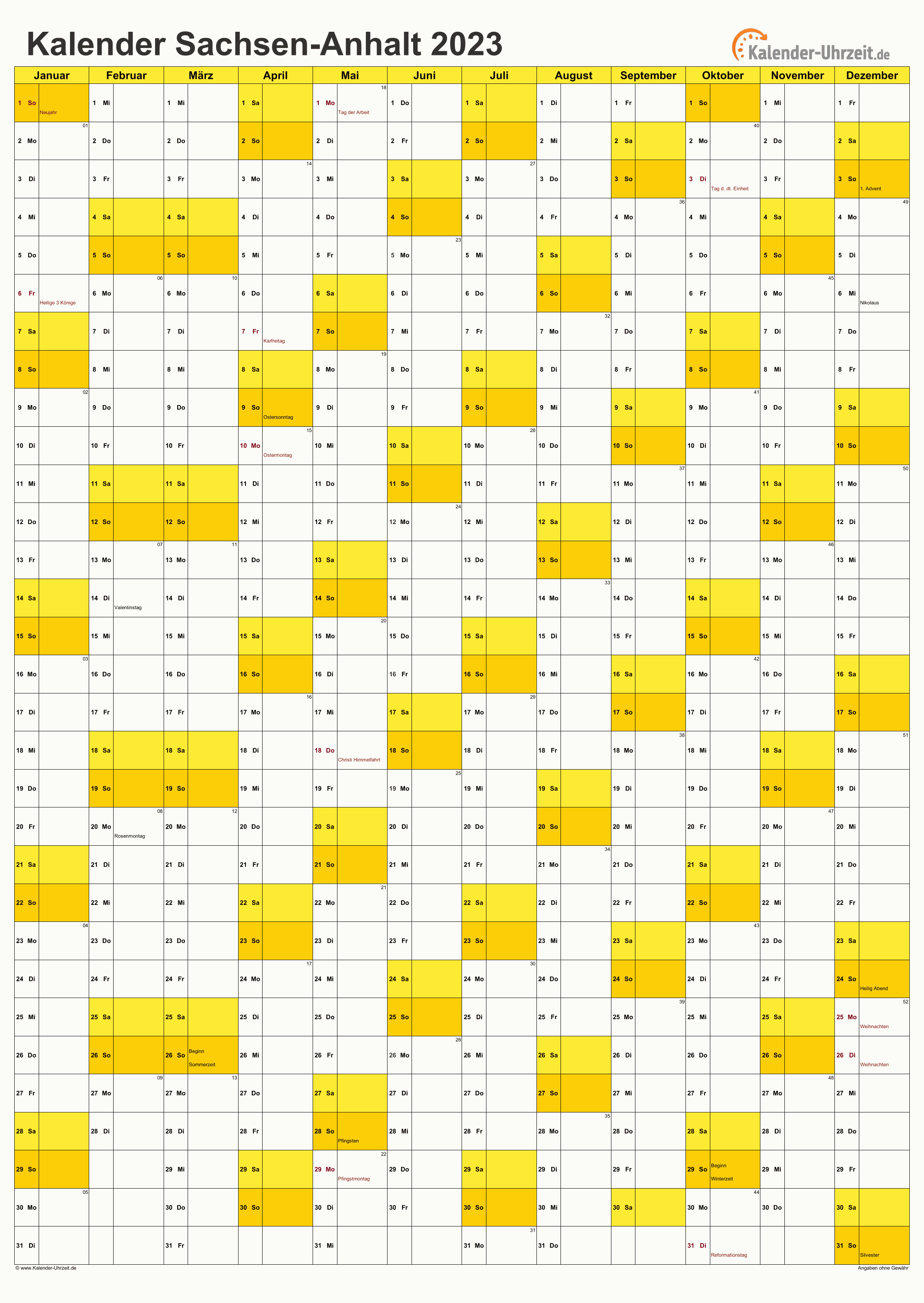 Sachsen-Anhalt Kalender 2023 mit Feiertagen - hoch-einseitig