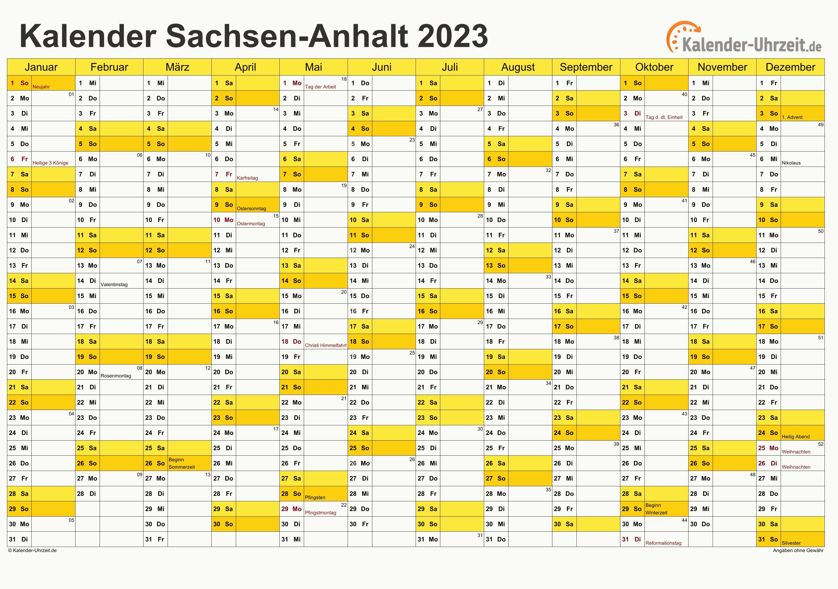 Sachsen-Anhalt Kalender 2023 mit Feiertagen - quer-einseitig