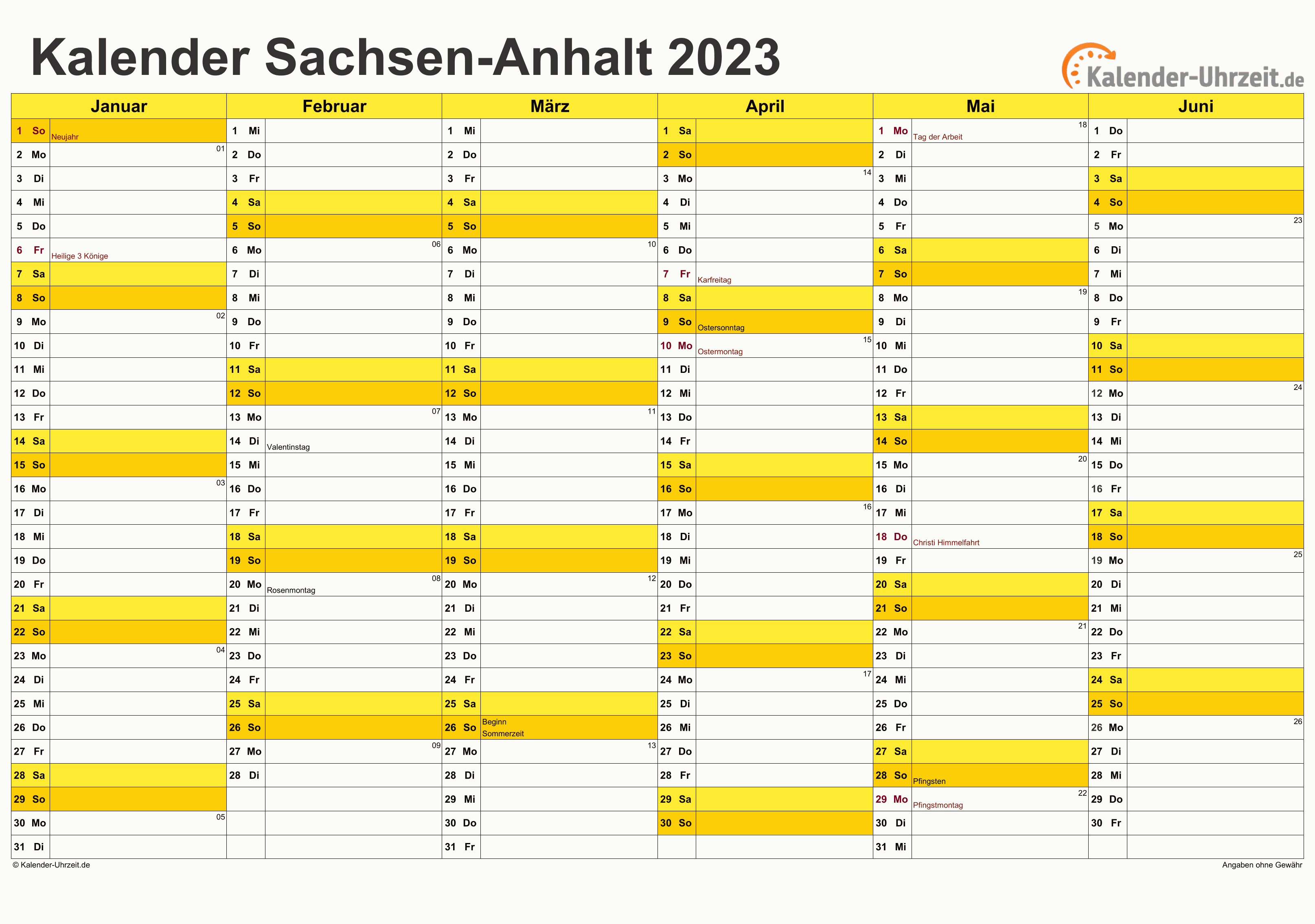 Sachsen-Anhalt Kalender 2023 mit Feiertagen - quer-zweiseitig