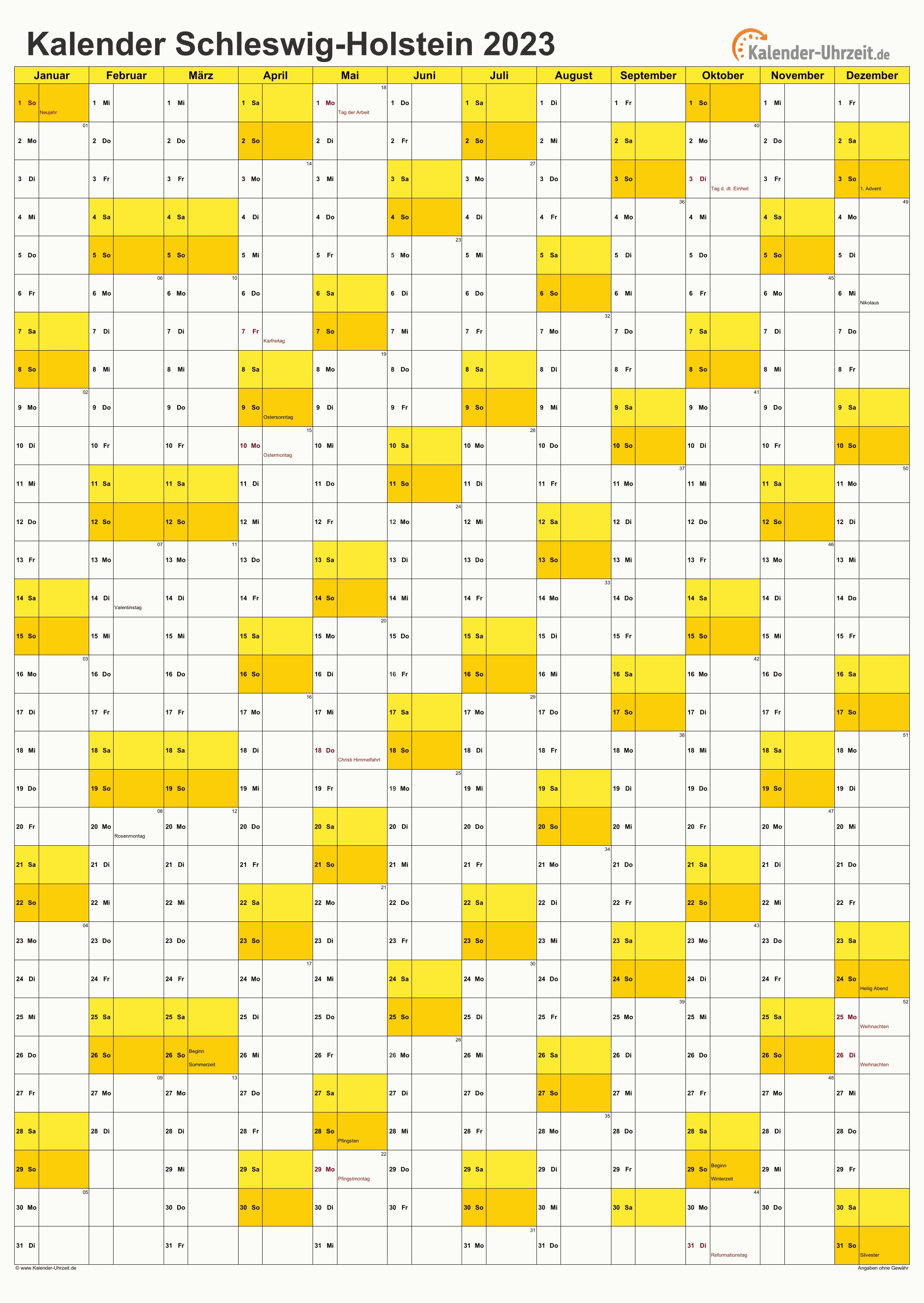 Schleswig-Holstein Kalender 2023 mit Feiertagen - hoch-einseitig