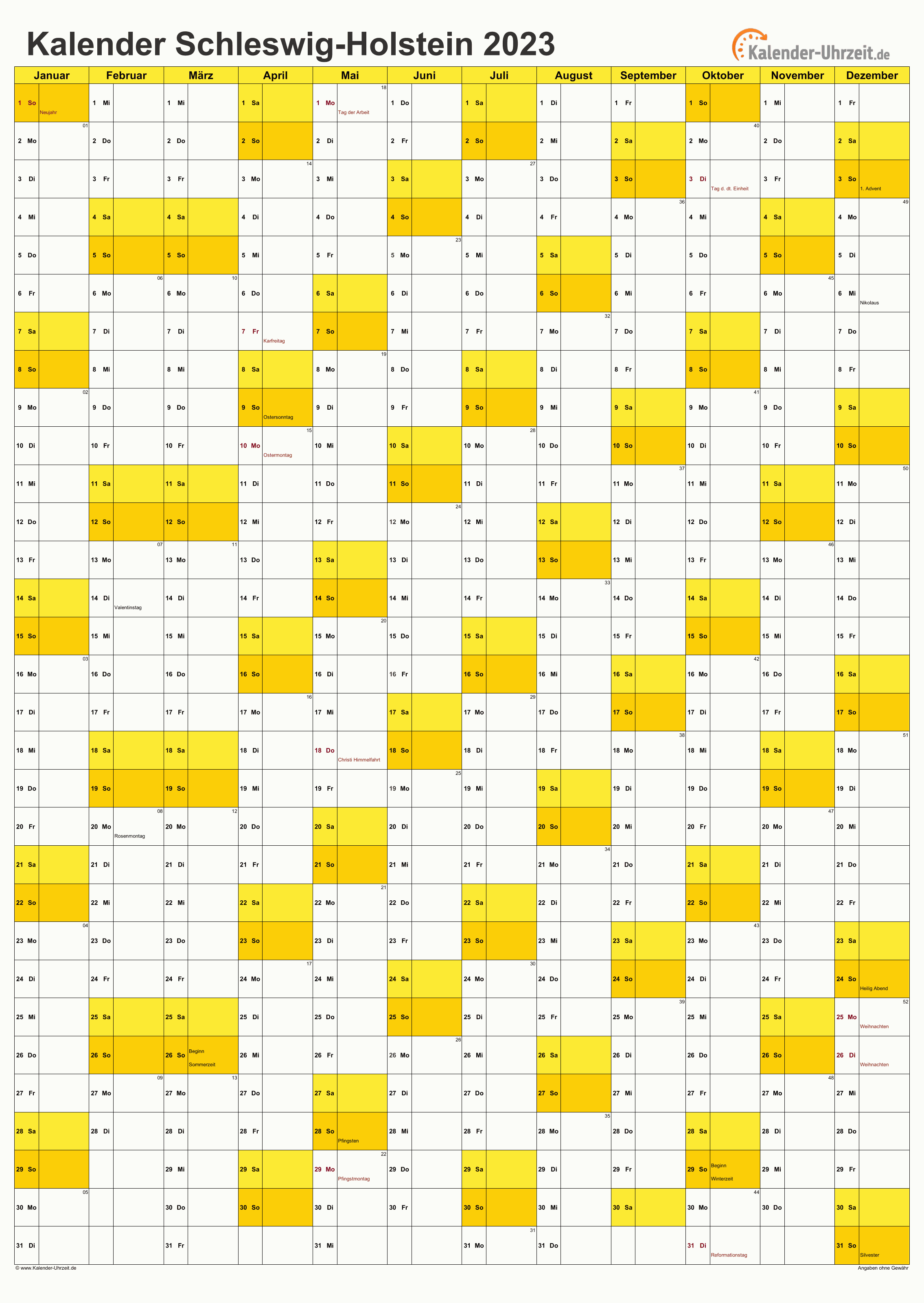 Schleswig-Holstein Kalender 2023 - A4 hoch-einseitig Schleswig-Holstein Kalender 2023 mit Feiertagen - hoch-einseitig