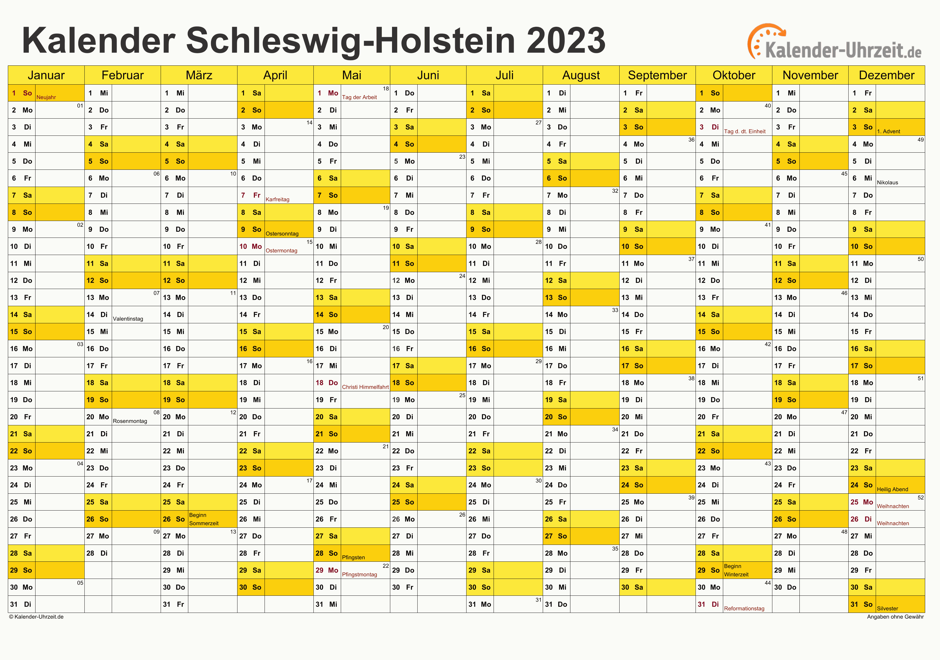 Schleswig-Holstein Kalender 2023 - A4 quer-einseitig Schleswig-Holstein Kalender 2023 mit Feiertagen - quer-einseitig