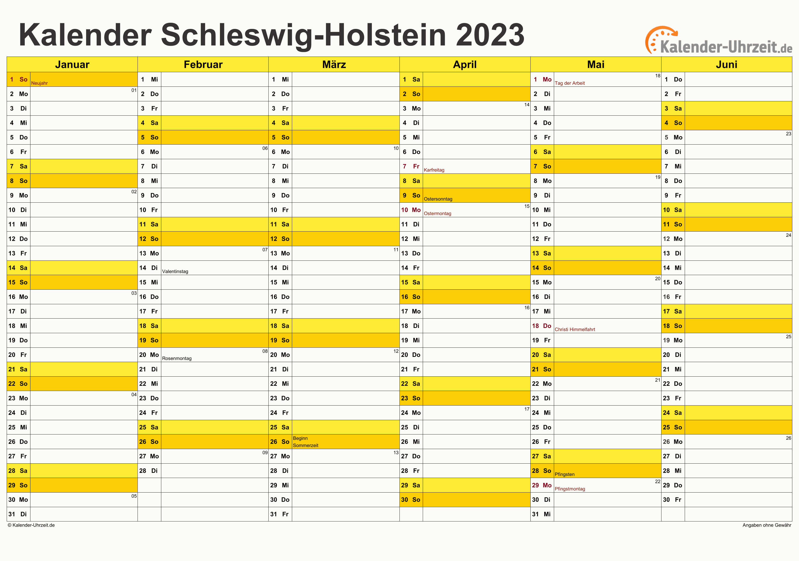Schleswig-Holstein Kalender 2023 mit Feiertagen - quer-zweiseitig
