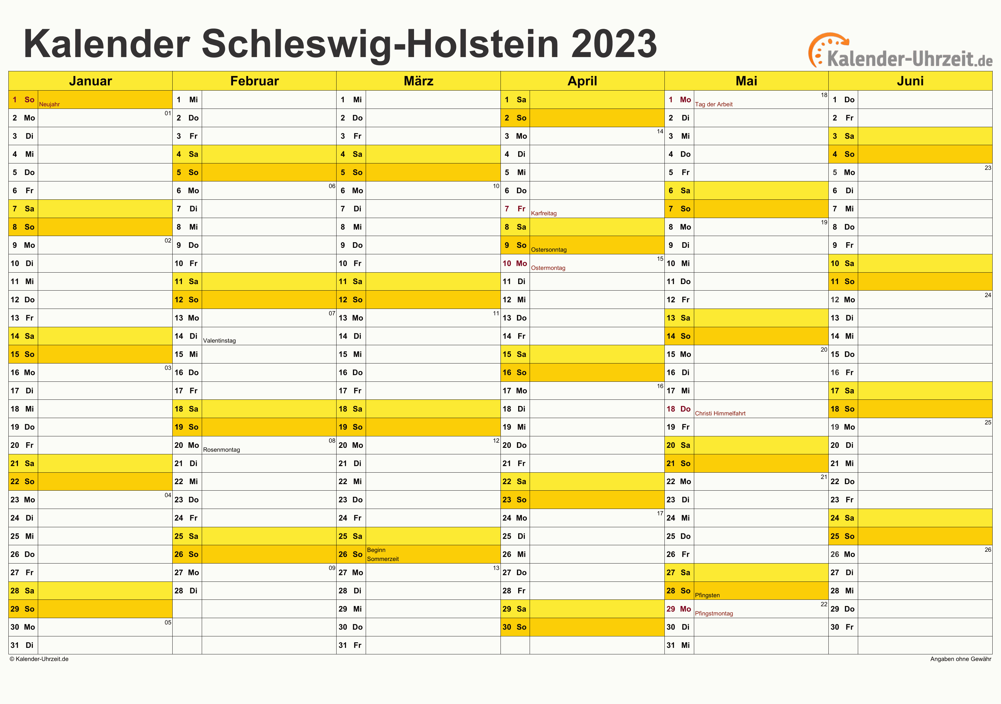 Schleswig-Holstein Kalender 2023 - A4 quer-zweiseitig Schleswig-Holstein Kalender 2023 mit Feiertagen - quer-zweiseitig