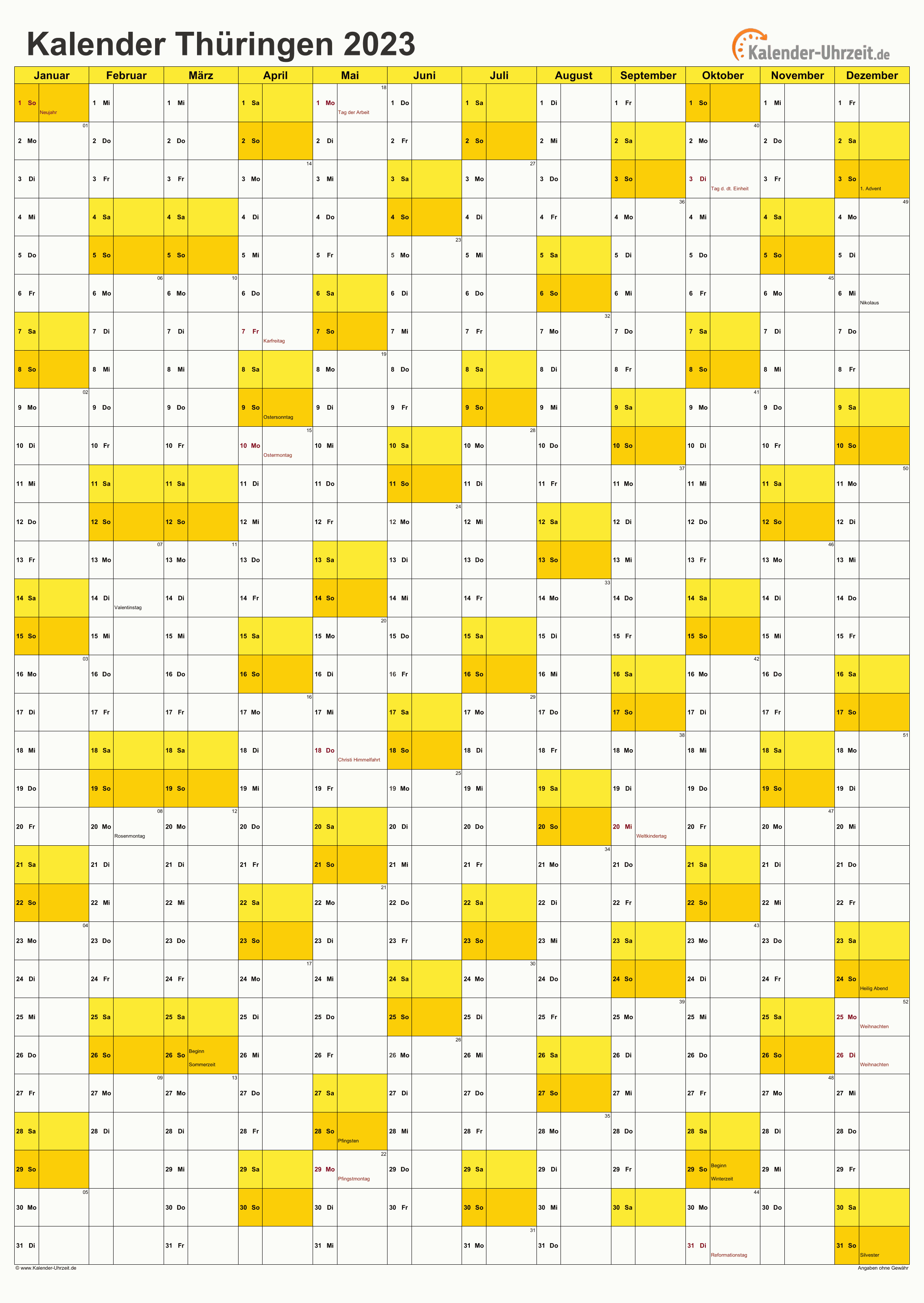 Thüringen Kalender 2023 mit Feiertagen - hoch-einseitig