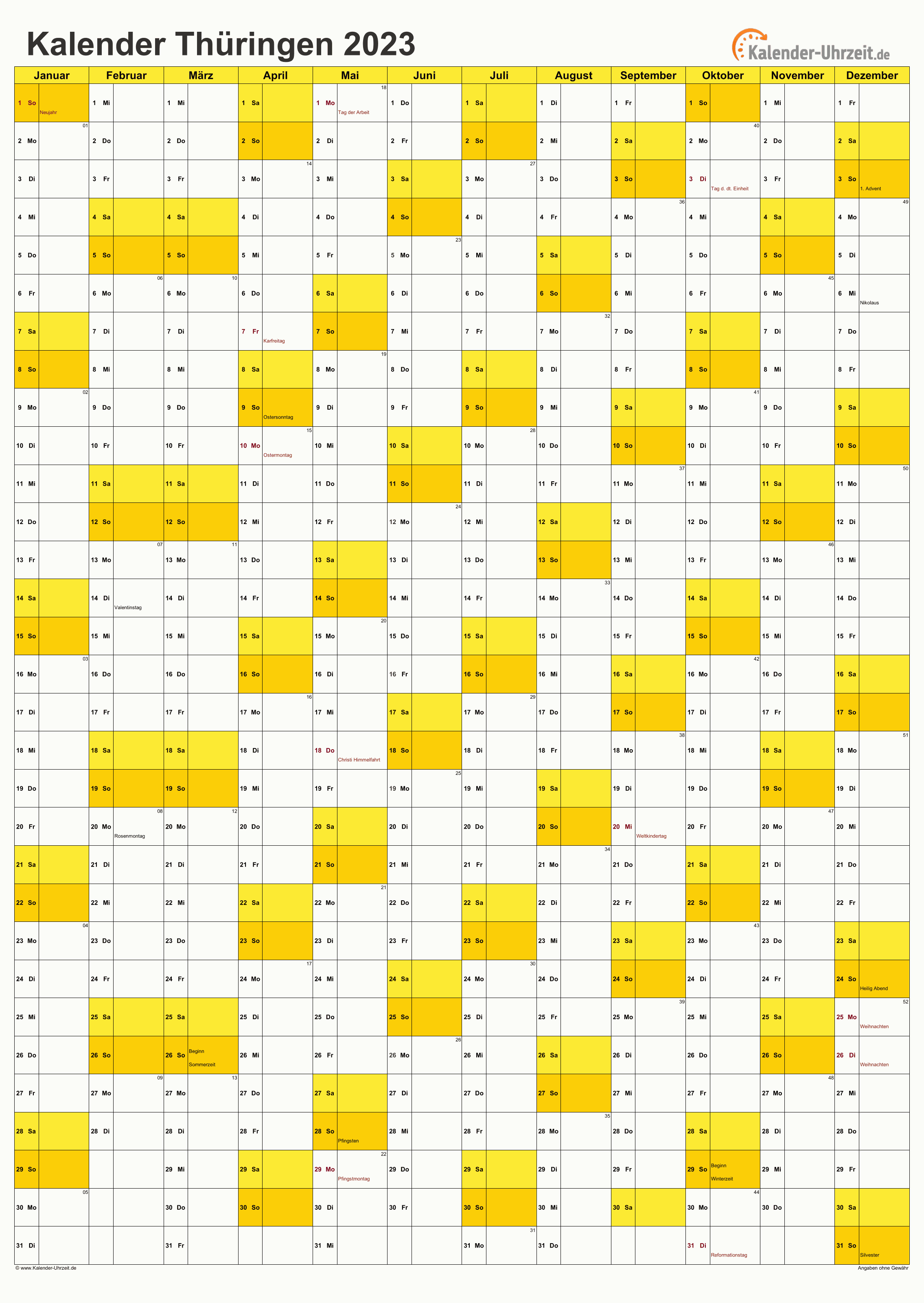 Thüringen Kalender 2023 - A4 hoch-einseitig Thüringen Kalender 2023 mit Feiertagen - hoch-einseitig
