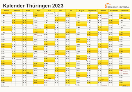 Thüringen Kalender 2023 mit Feiertagen - quer-einseitig