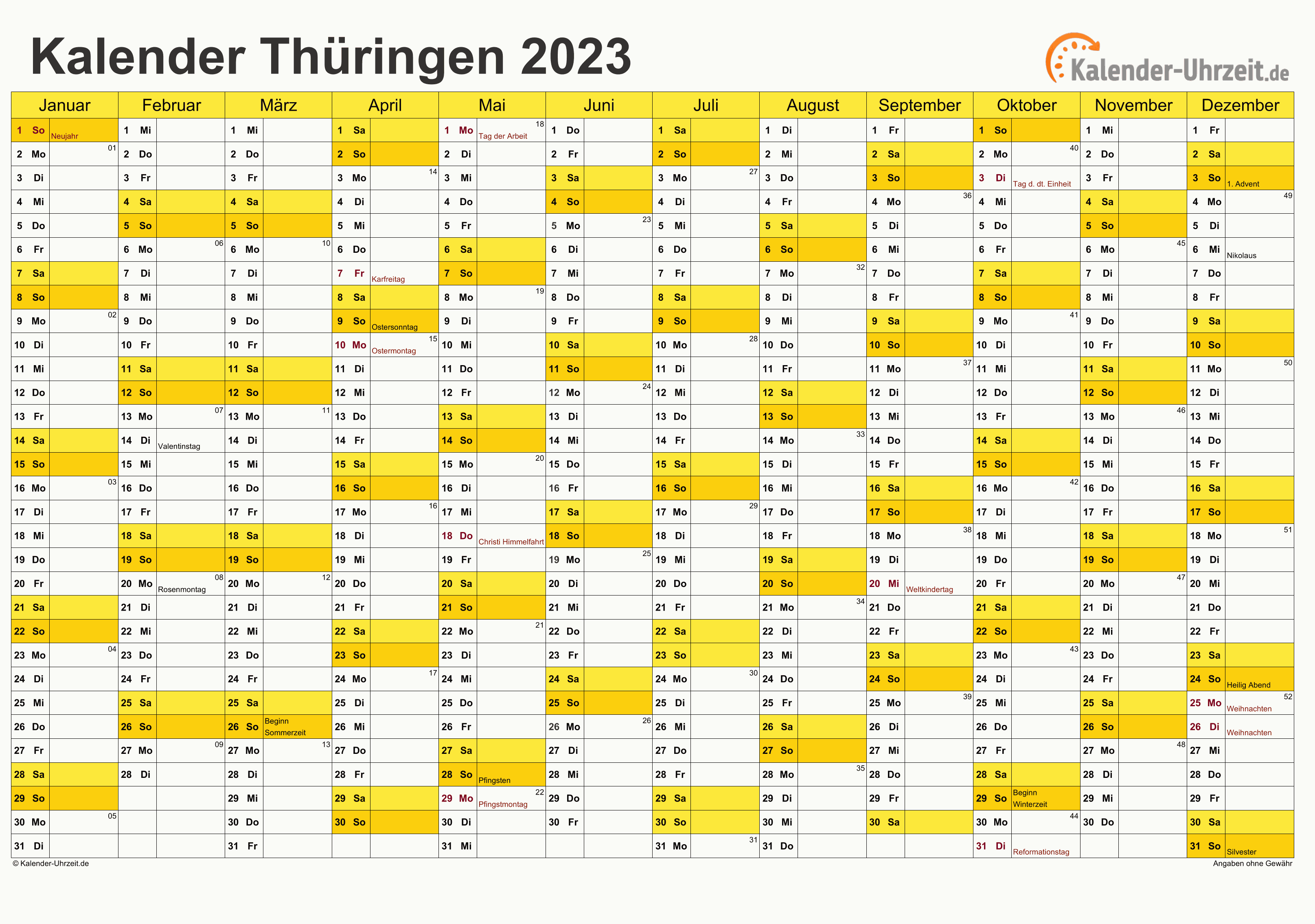 Thüringen Kalender 2023 mit Feiertagen - quer-einseitig