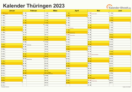 Thüringen Kalender 2023 mit Feiertagen - quer-zweiseitig