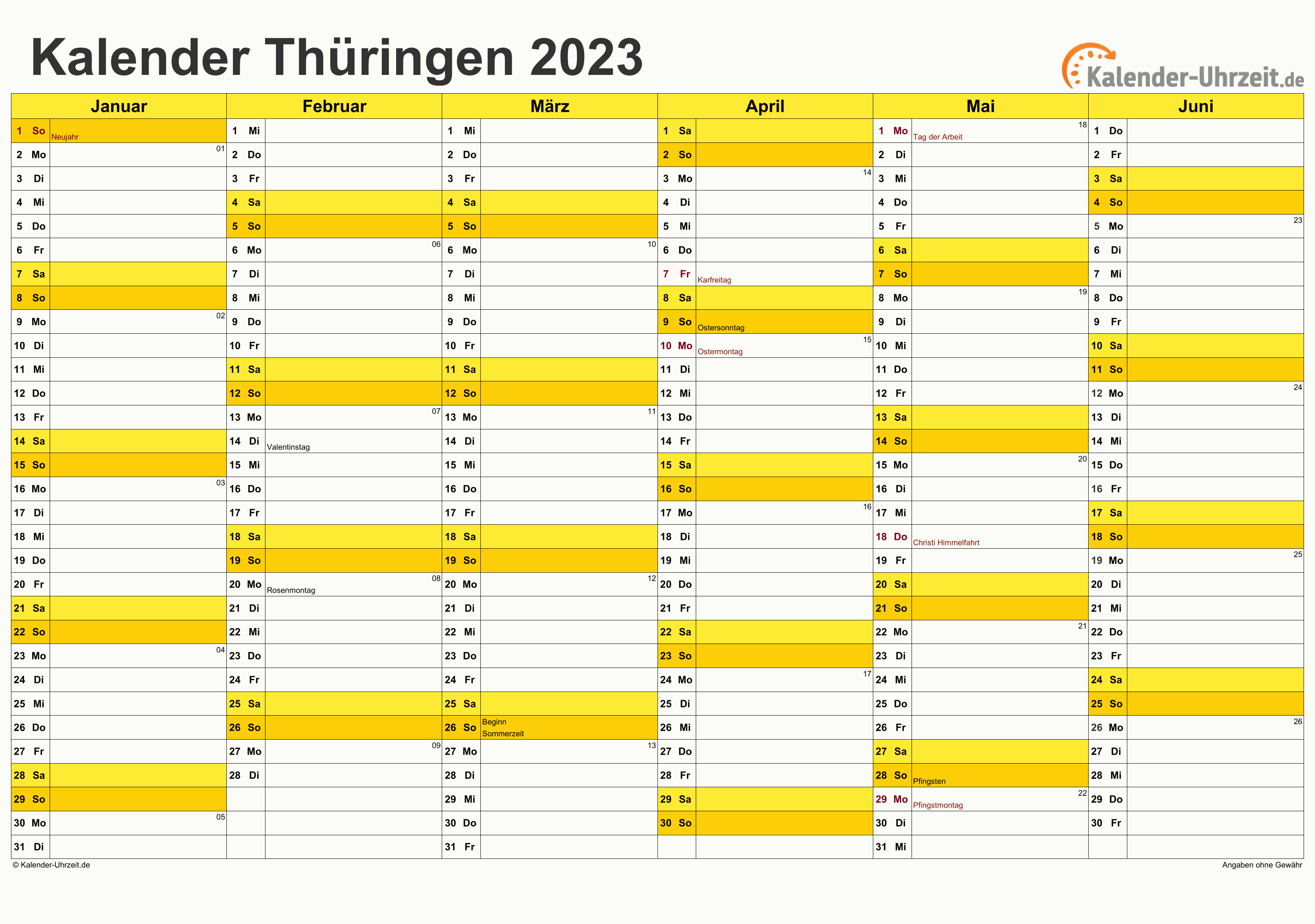 Thüringen Kalender 2023 - A4 quer-zweiseitig Thüringen Kalender 2023 mit Feiertagen - quer-zweiseitig